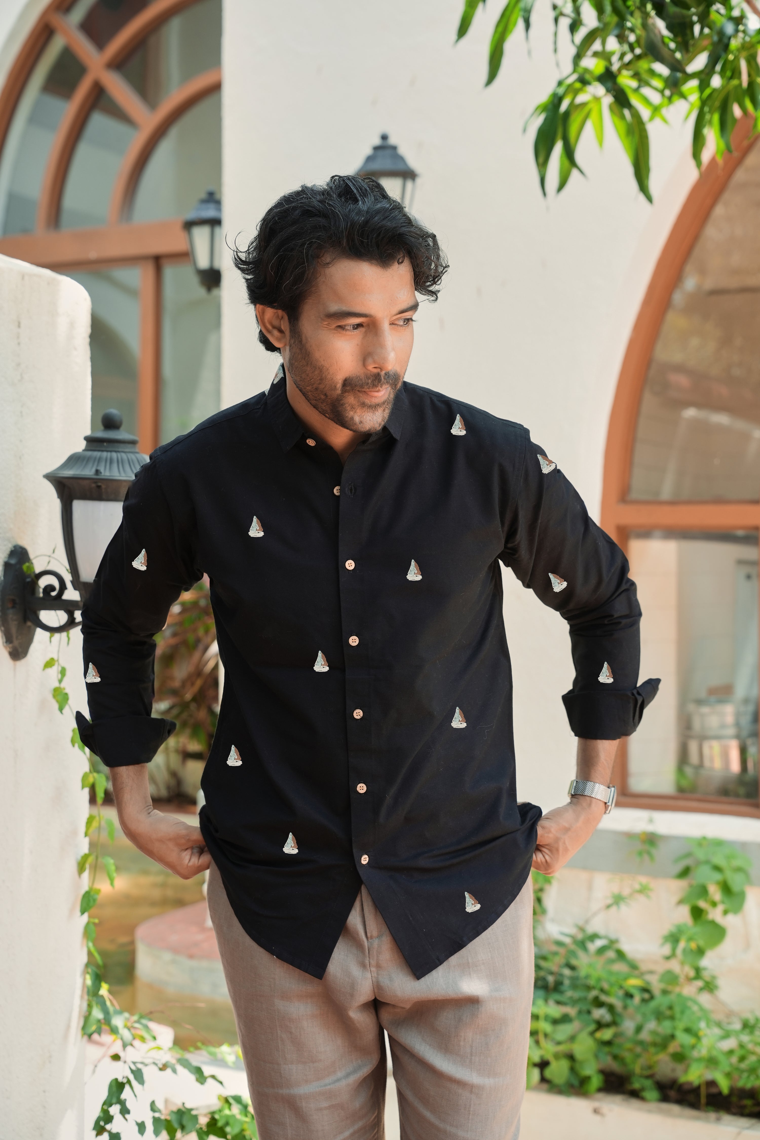 Midnight Nautical Sailboat Black Embroidered Shirt