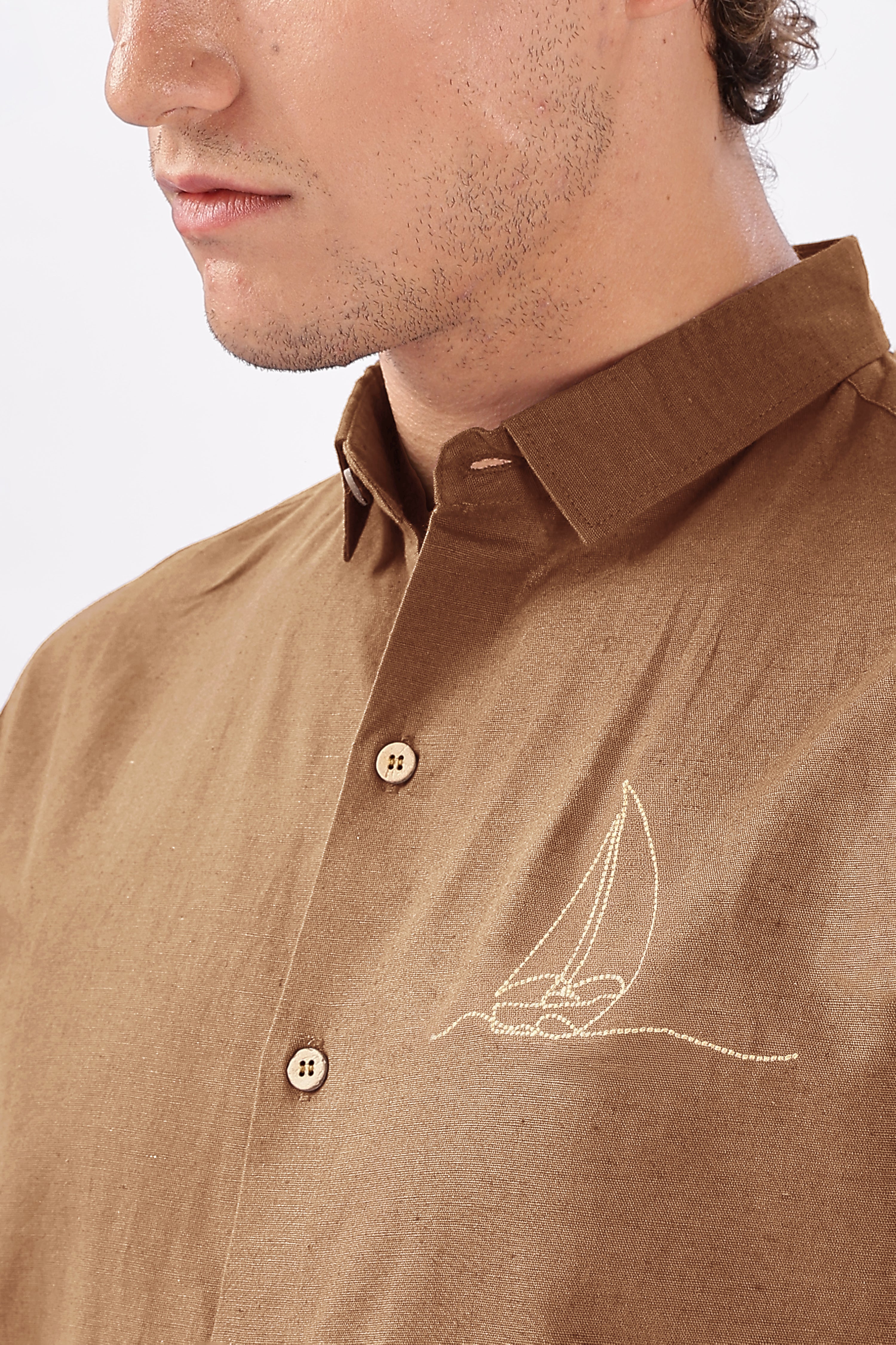 Baku Brown Cotton Box Fit Embroidery Shirt