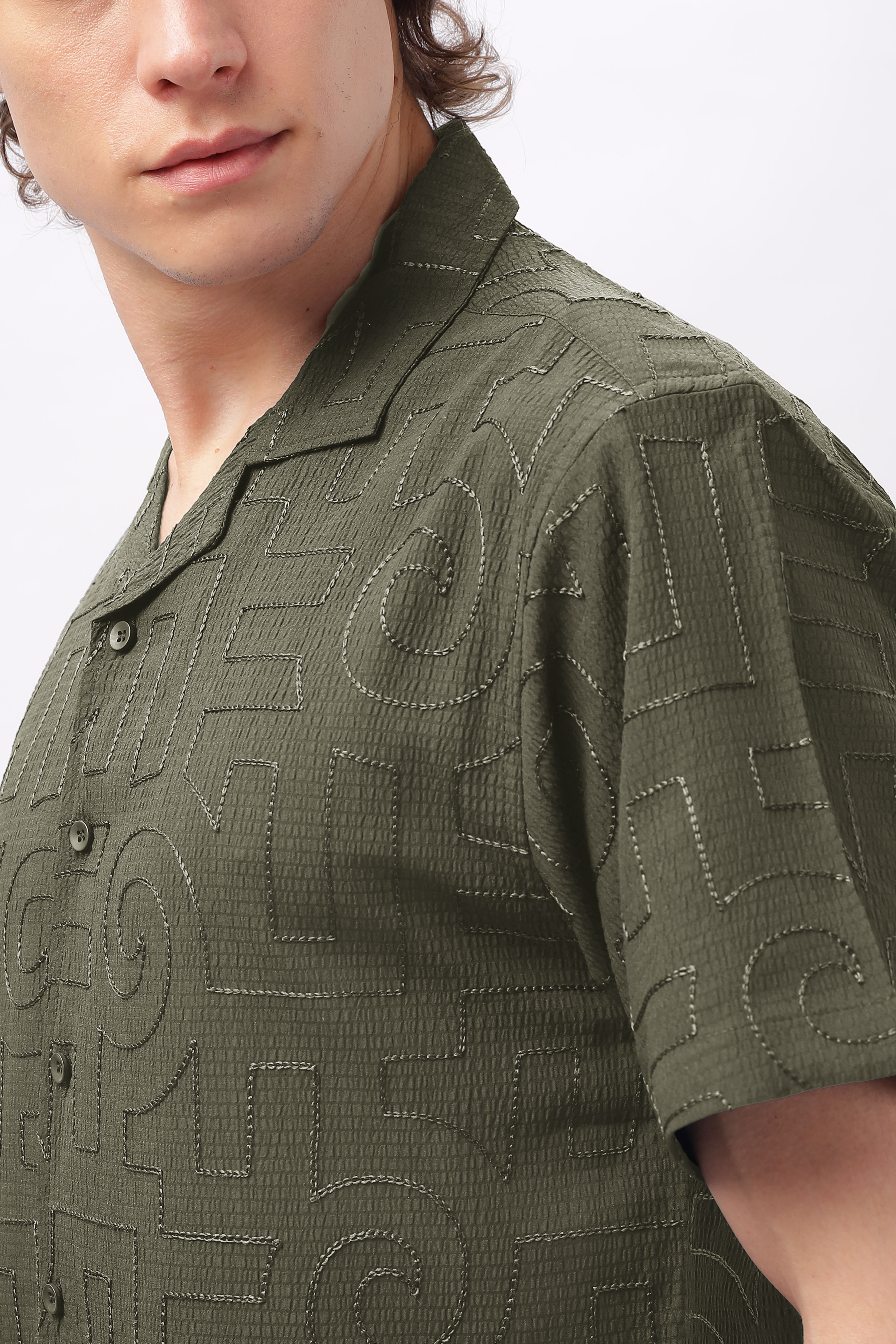 Cuban Collar Embroidery Half Sleeve Shirt