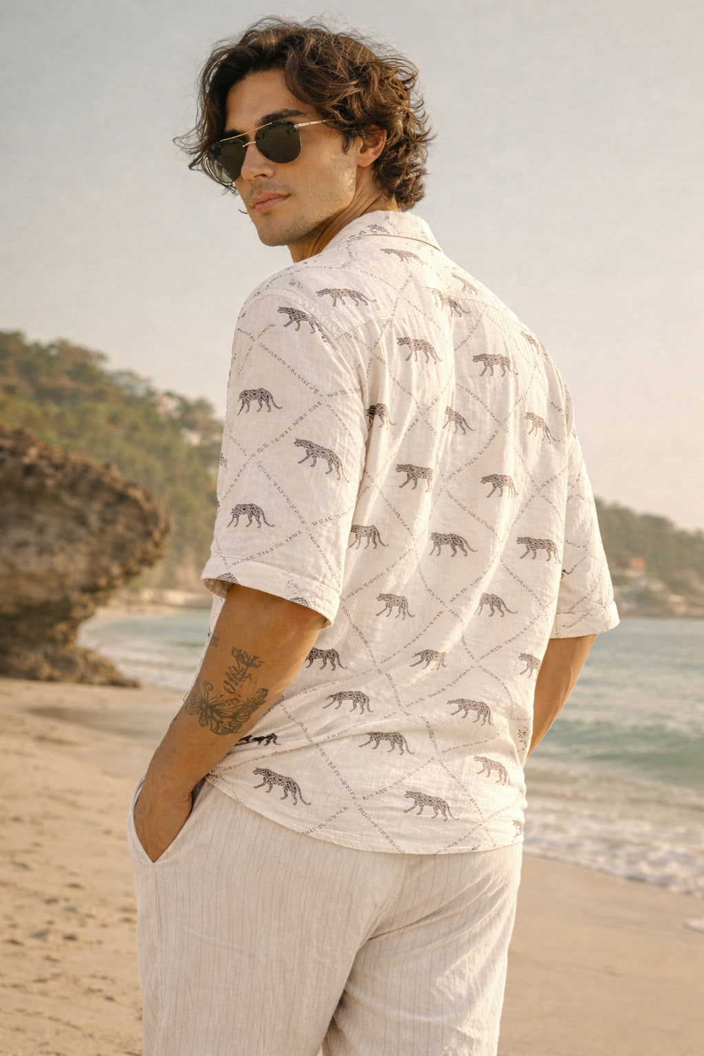 Savanna Stride 100% cotton Box Fit Beige Printed Shirt