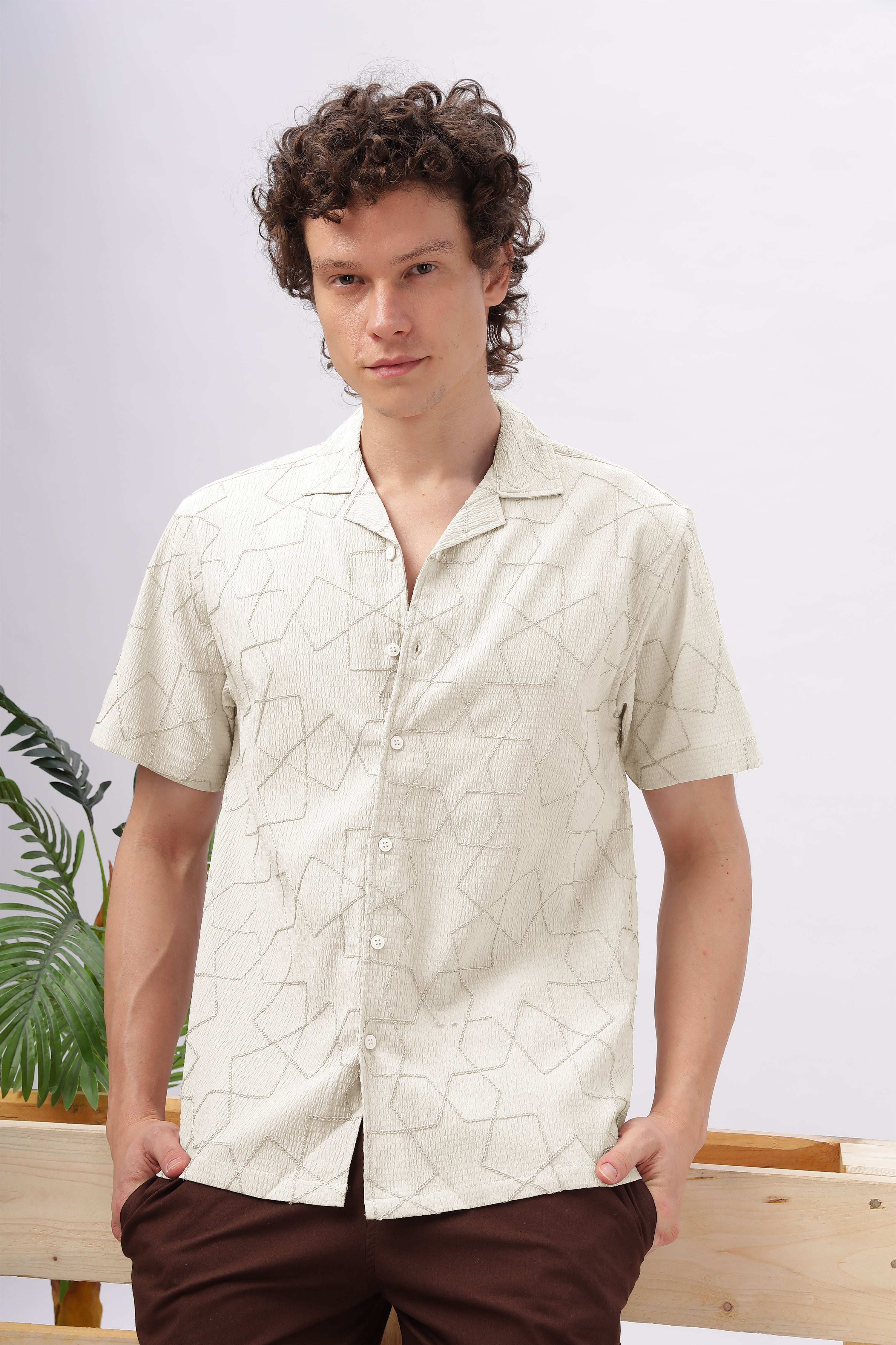 Cuban Collar Embroidery Half Sleeve Shirt