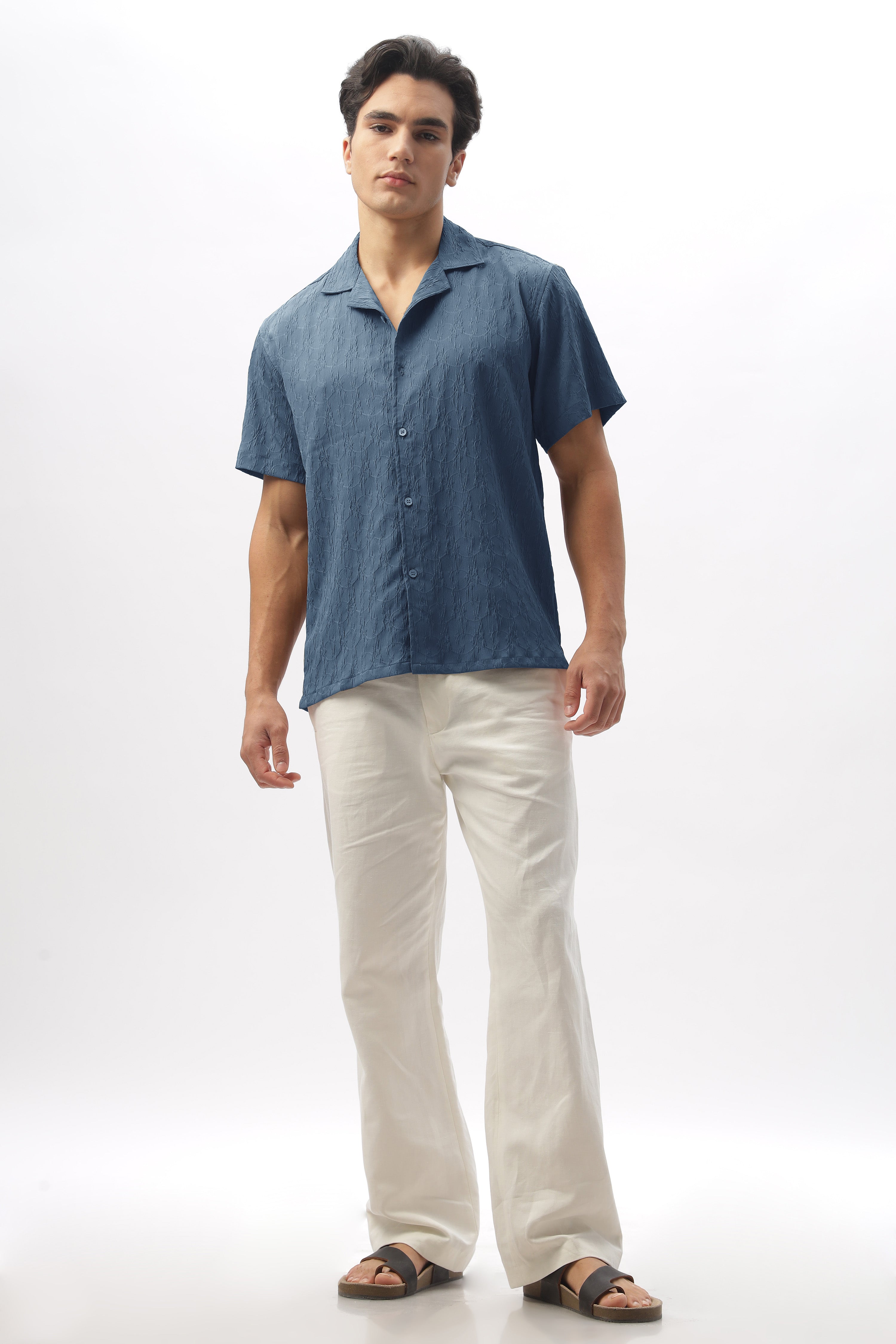Denver Blue Textured Camp Collar Shirt