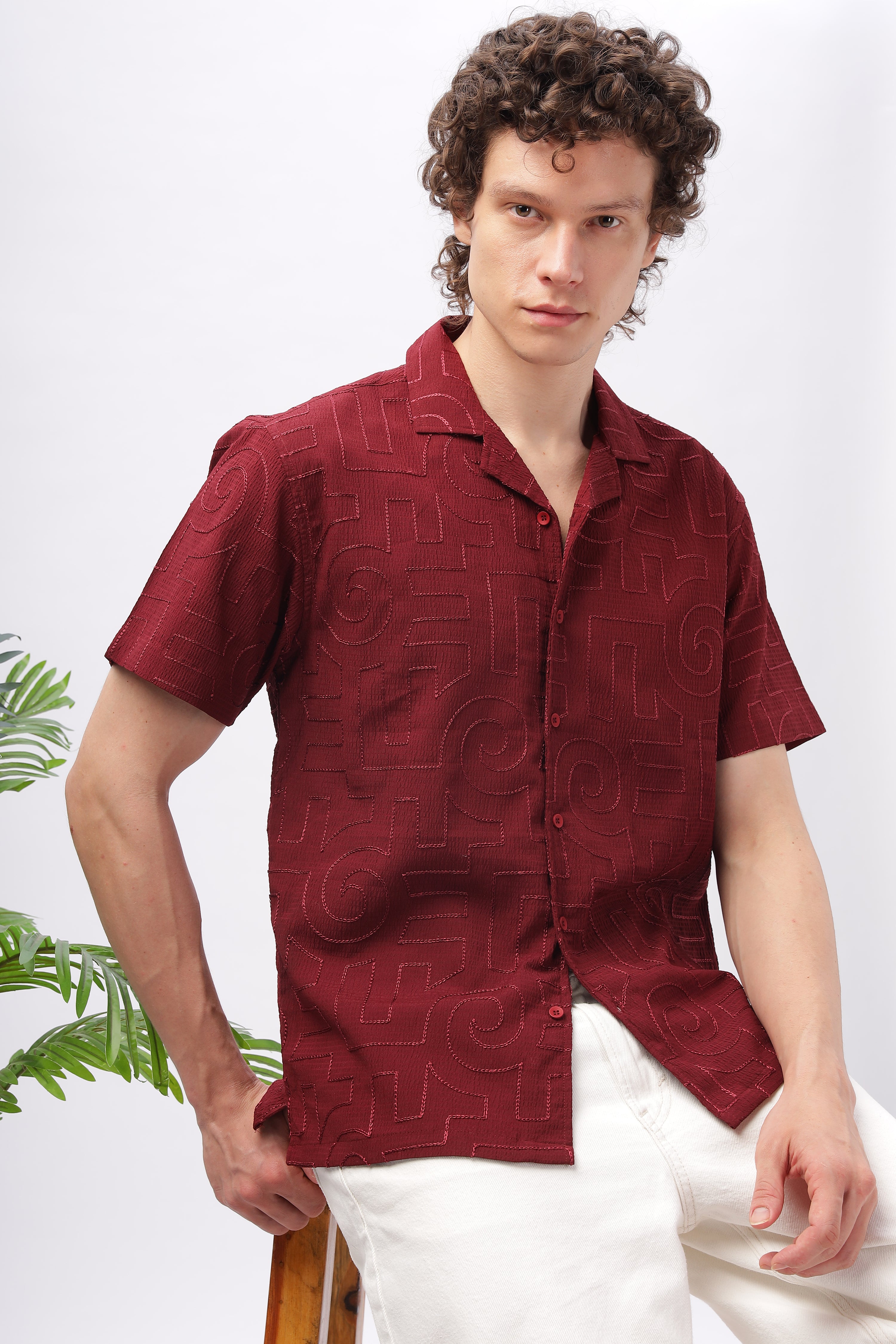 Cuban Collar Embroidery Half Sleeve Shirt