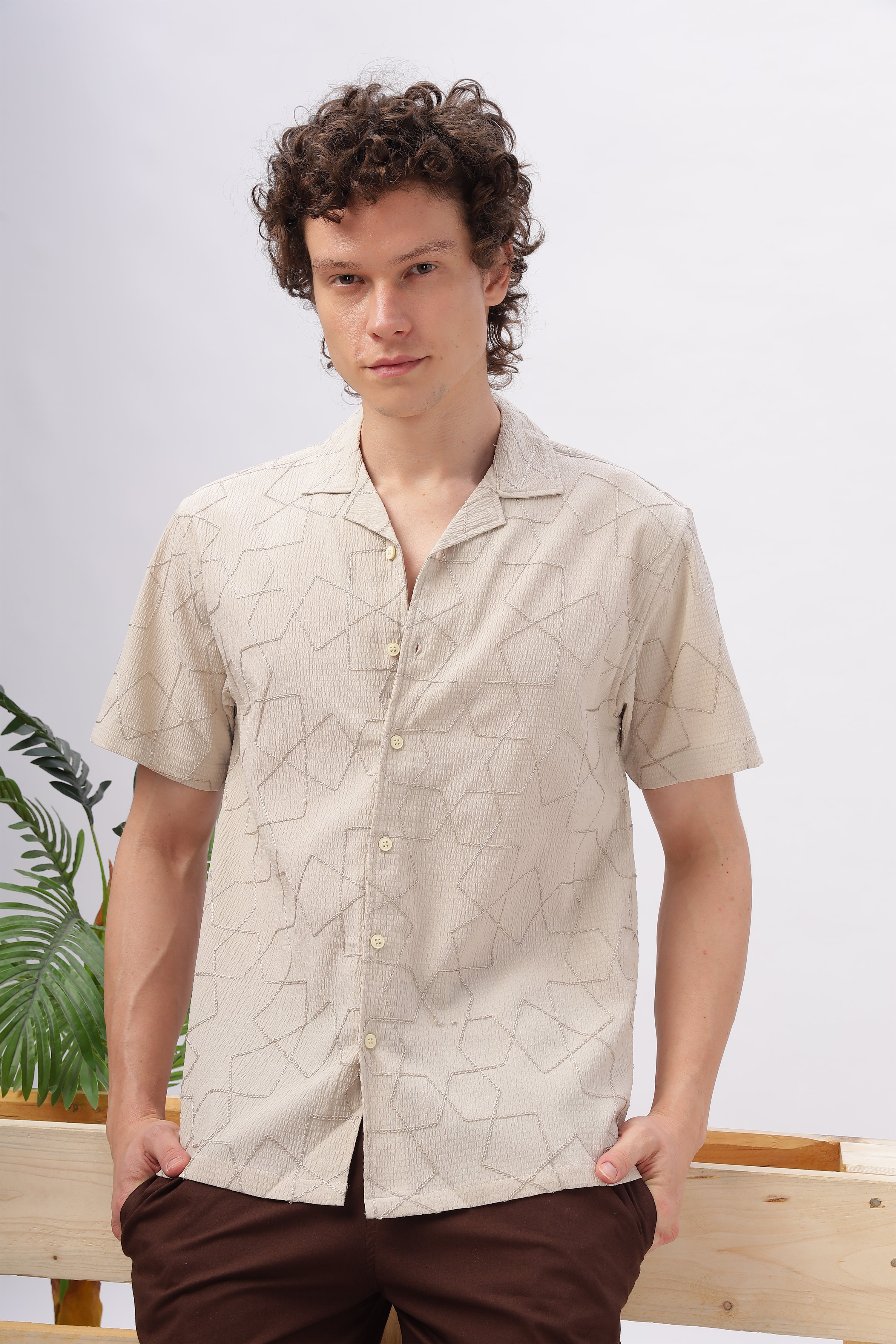 Cuban Collar Embroidery Half Sleeve Shirt