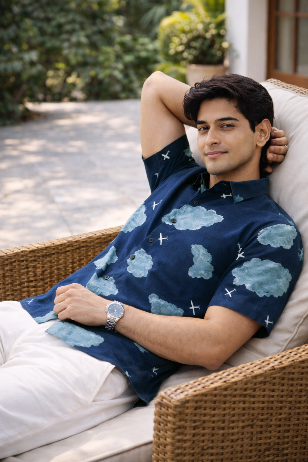 Cloudscape bound Cotton Regular Fit Blue Printed Shirt