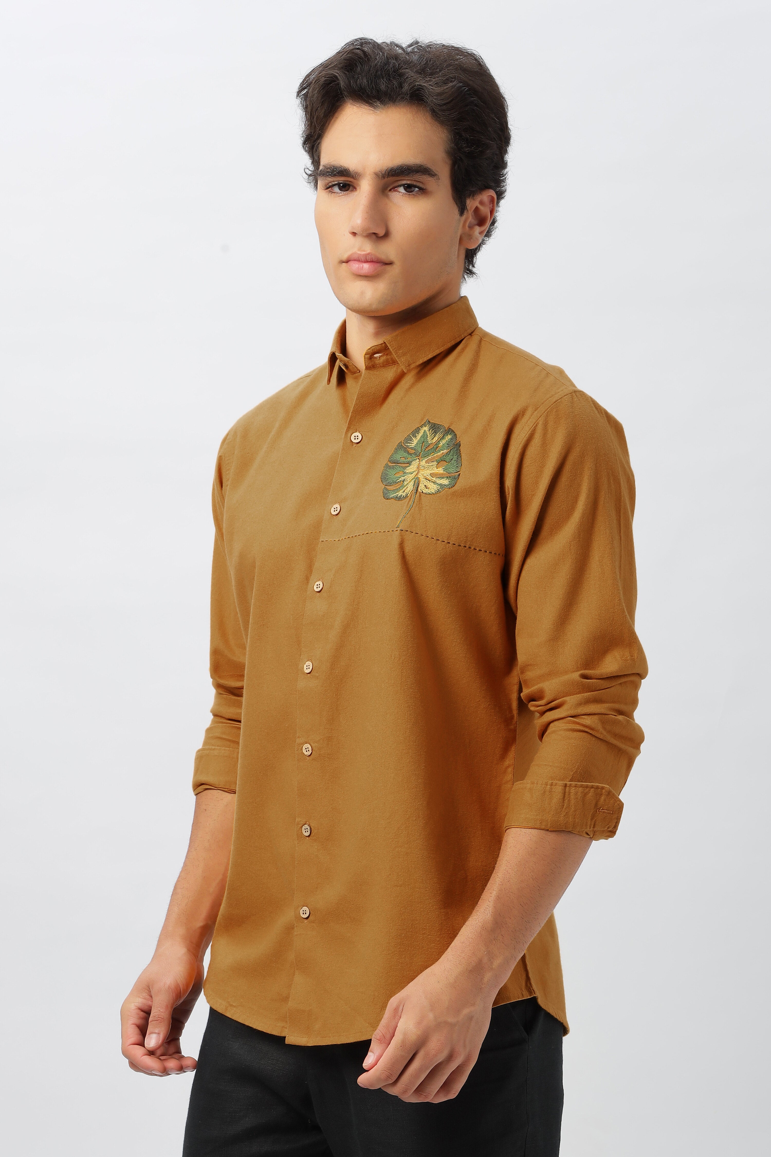 Mustard Yellow Shirt with Monstera Embroidery