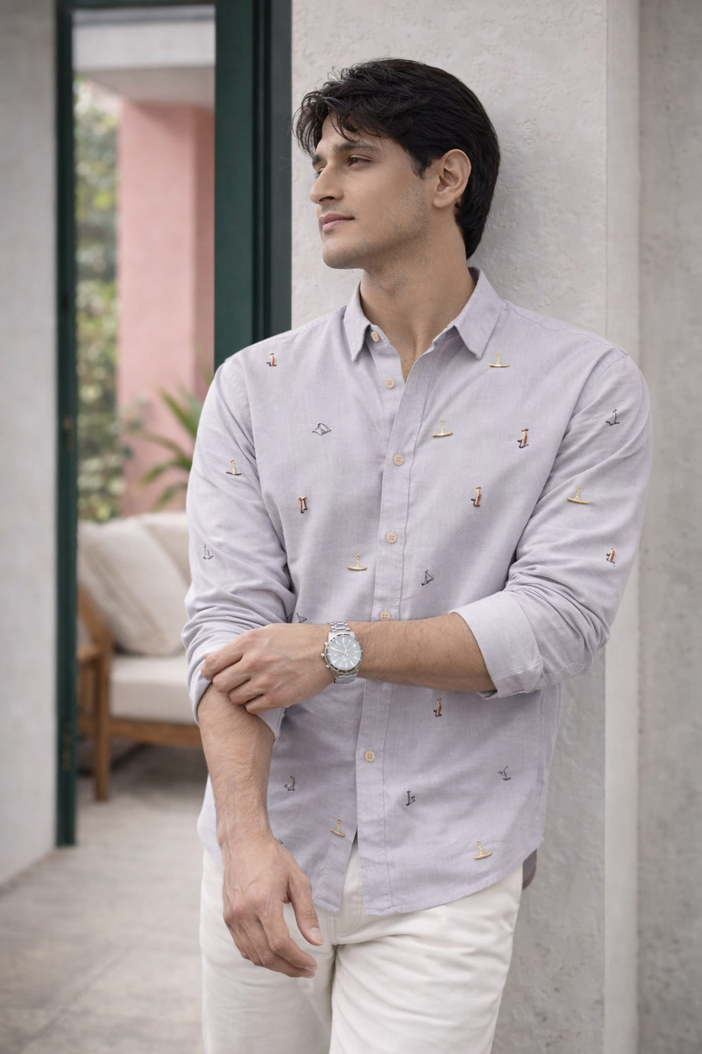 Grey Surfscape Motif Embroidered Cotton Shirt
