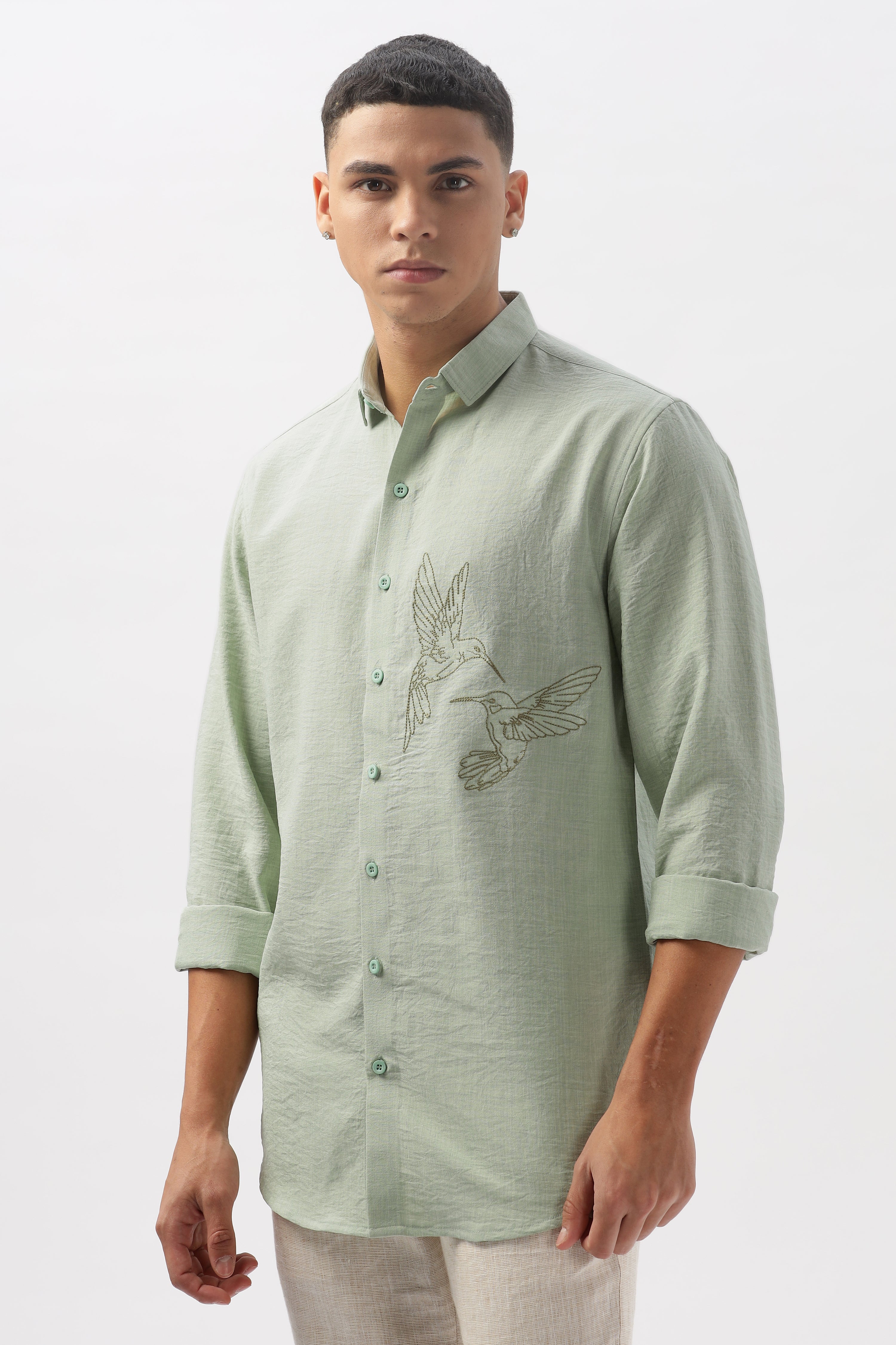 Humming(way) Birds Vienna Green Embroidery Shirt