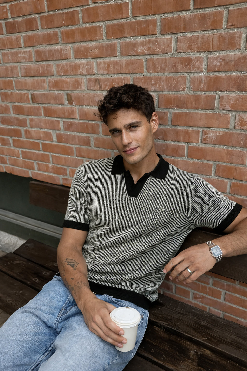 Modern Monochrome Rib Knit Polo T-shirt