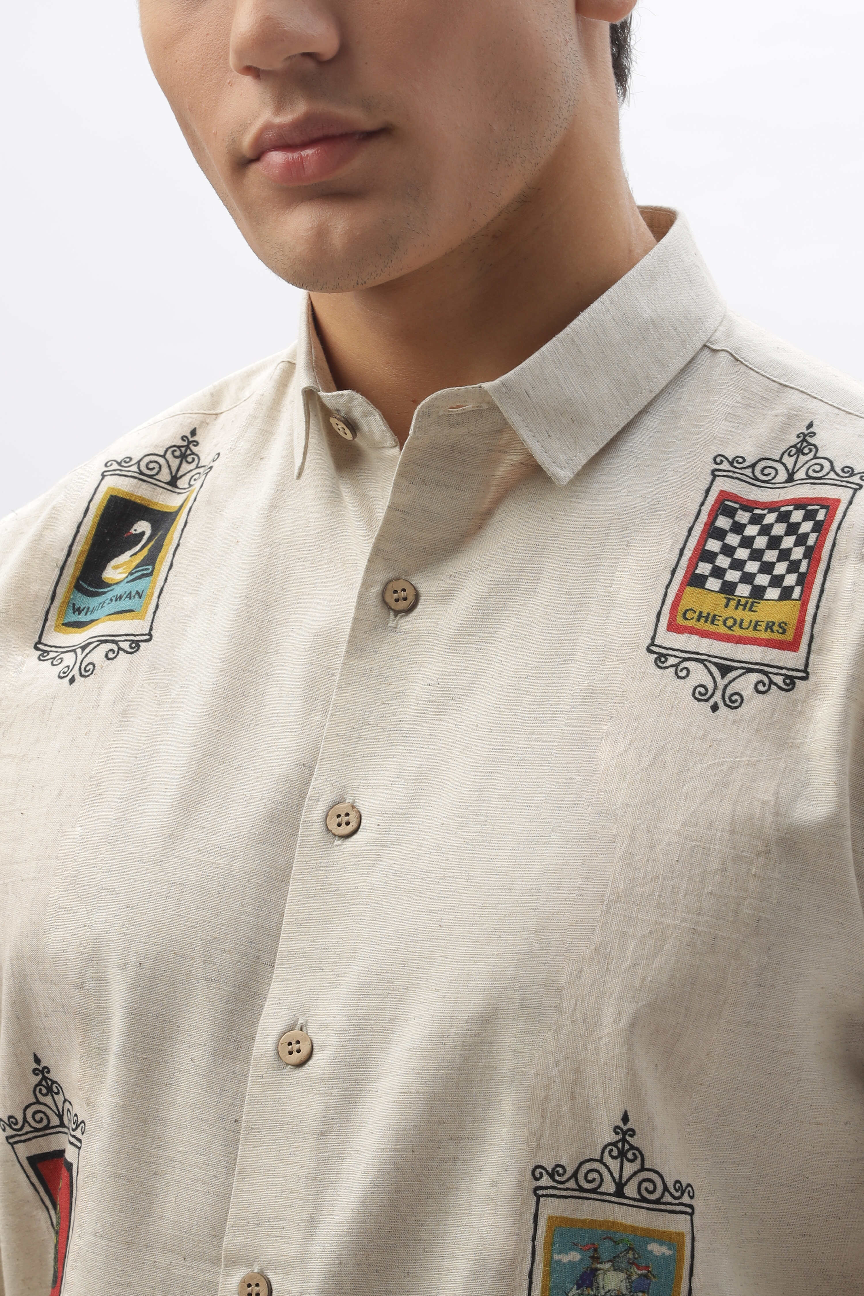 Mystic Forces Beige Placement Printed 100% Cotton Shirt