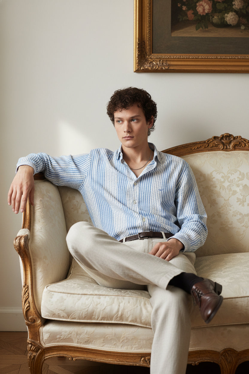 Seersucker Pinstripe Pure Cotton Regular Fit Striped Shirt