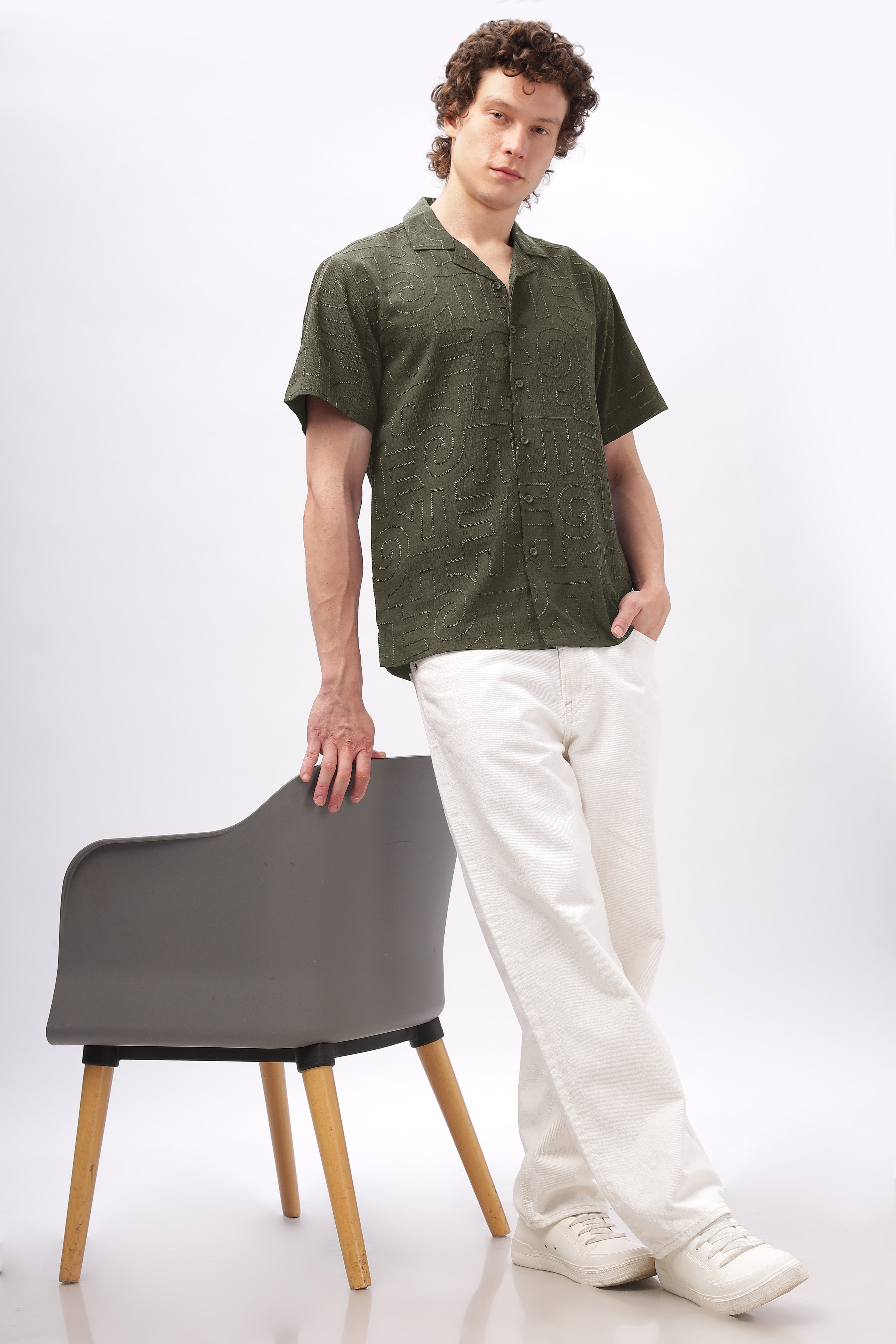 Cuban Collar Embroidery Half Sleeve Shirt