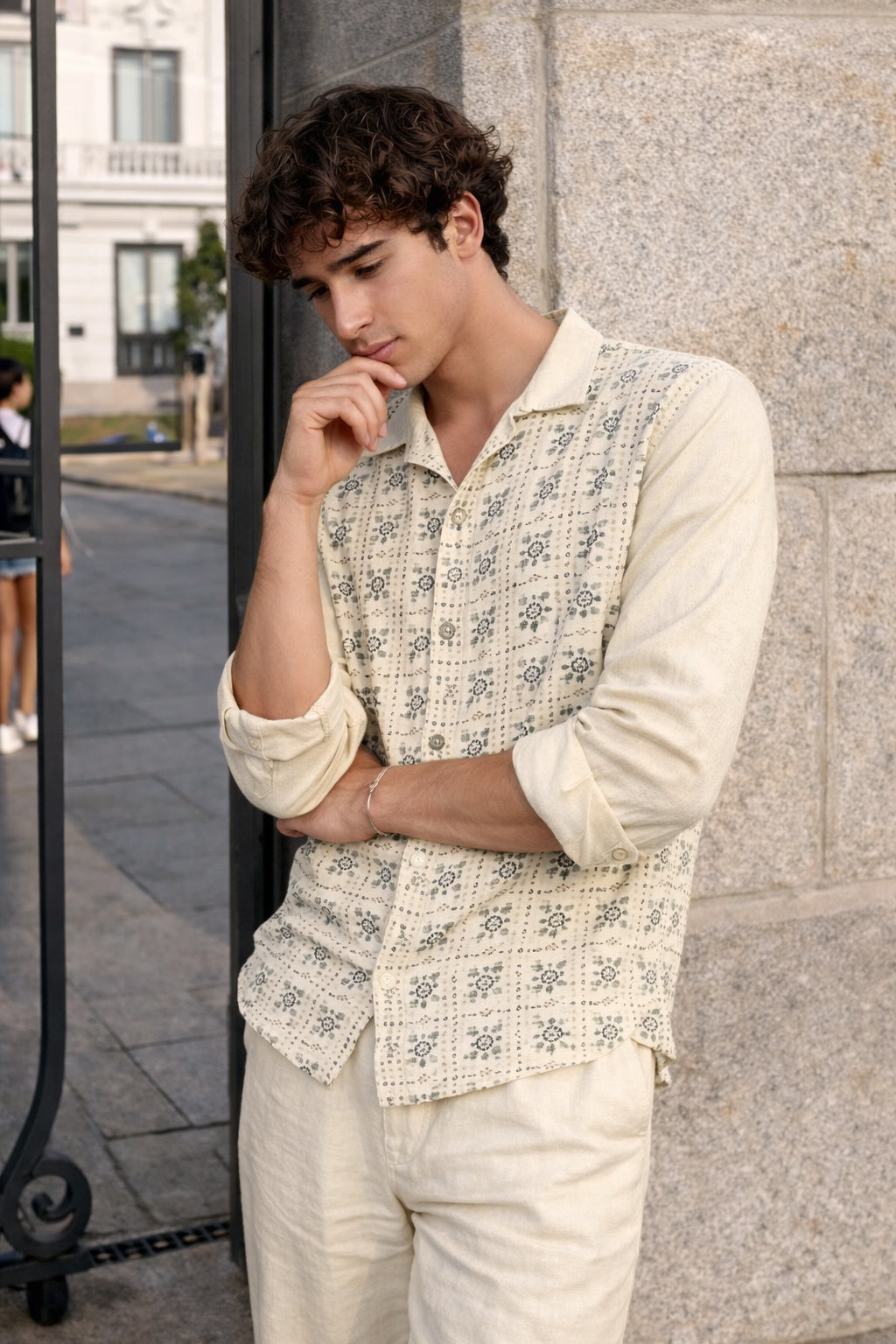 Heritage Grid Cotton Box Fit Beige Embroidered Shirt