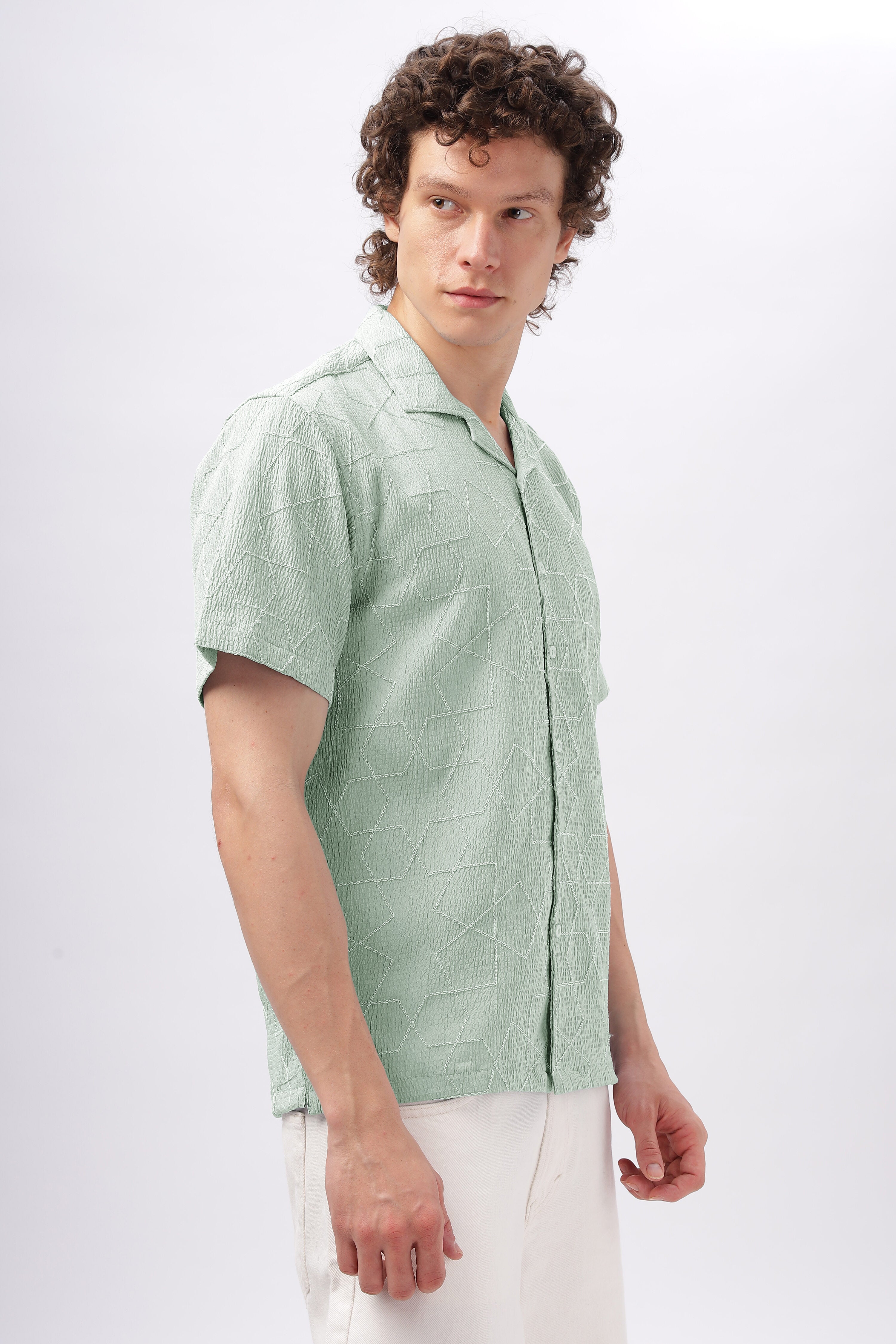 Cuban Collar Embroidery Half Sleeve Shirt