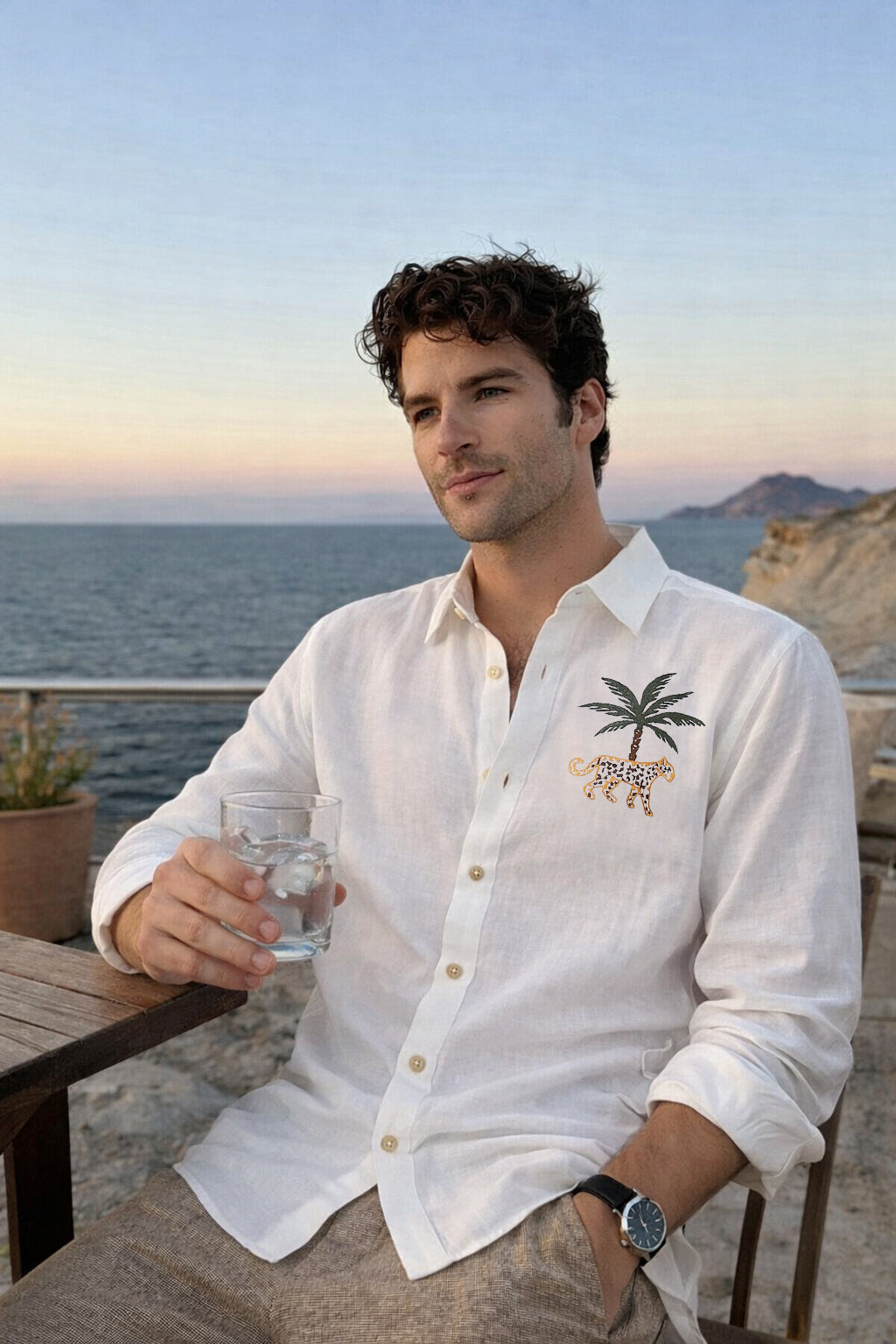 Mountains Vs Beaches 100% Cotton Regular Fit White Embroidery Shirt