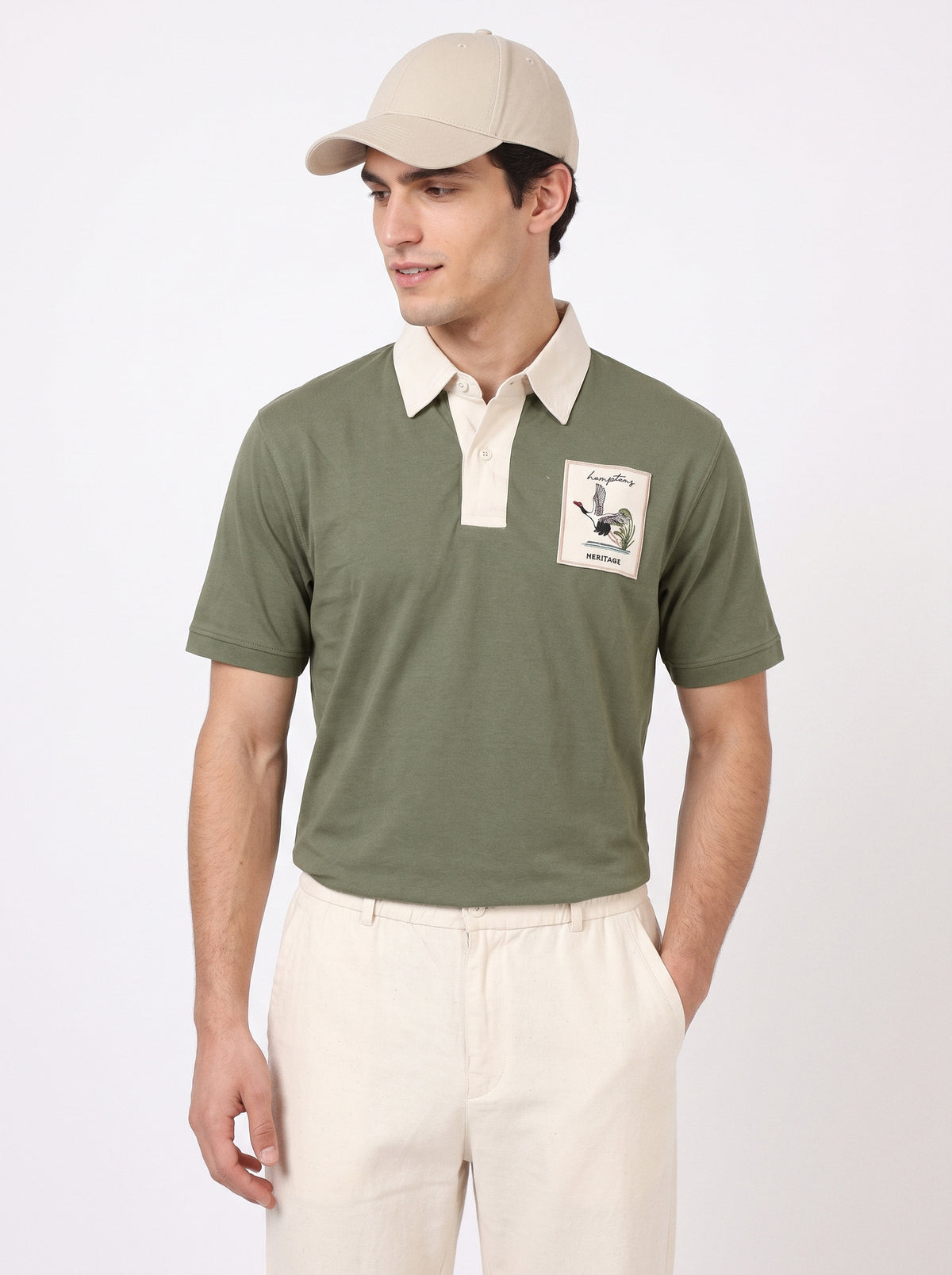 Heritage Heron Cotton Contrast Collar Green Embroidered T-Shirt