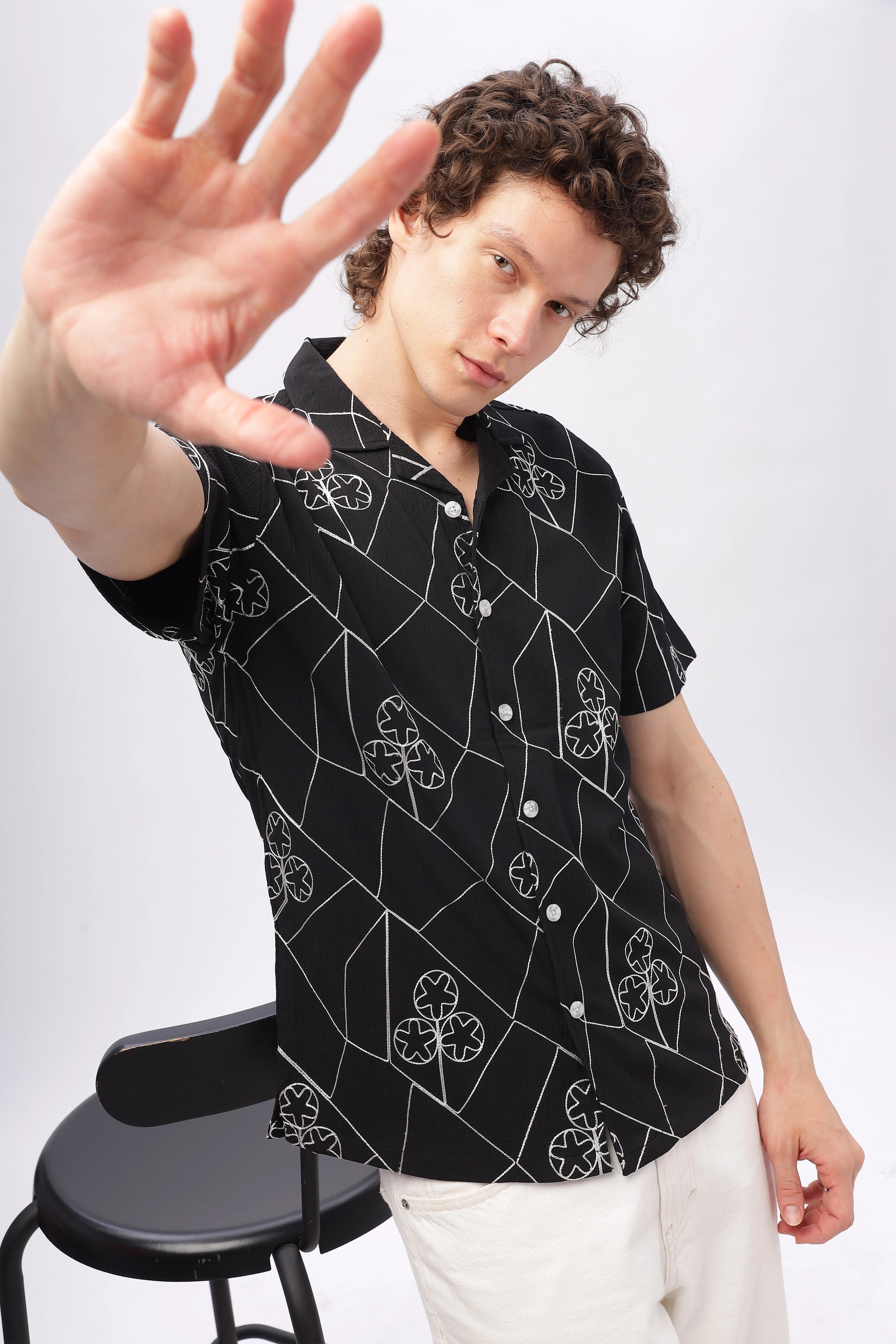 All Over Embroidery Camp Collar Shirt