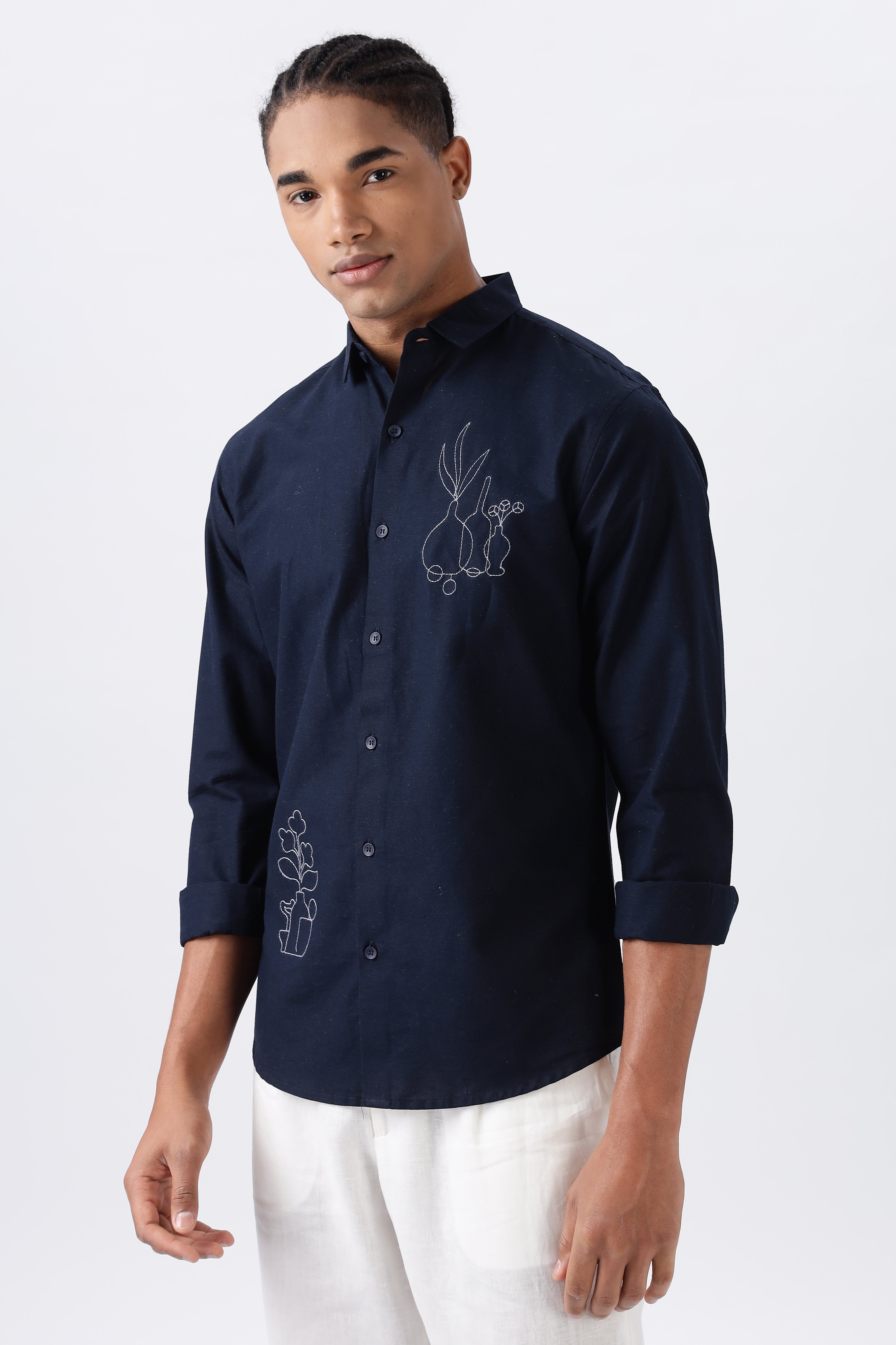 Blue Tuscany Barn Pottery Embroidery Shirt