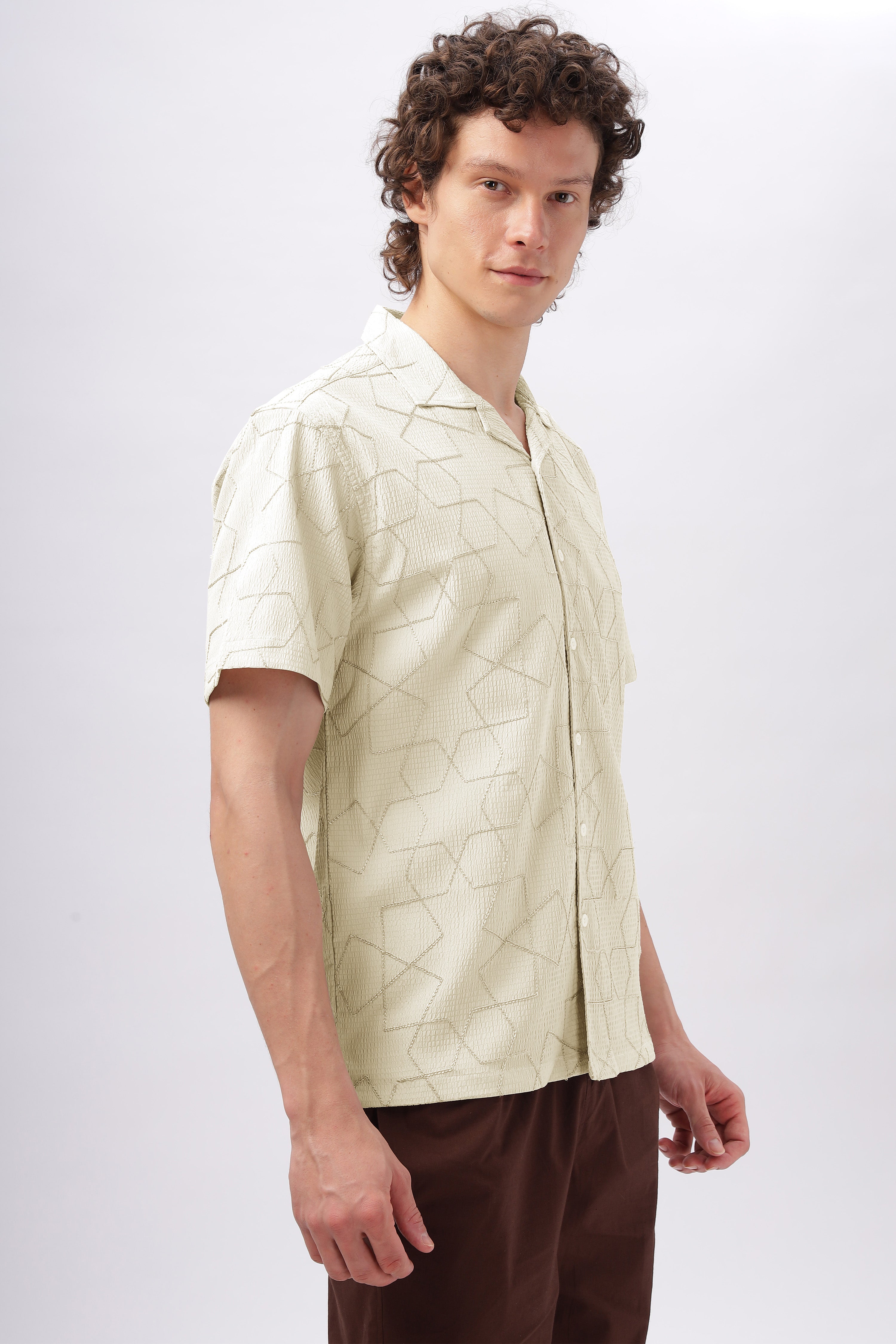 Cuban Collar Embroidery Half Sleeve Shirt