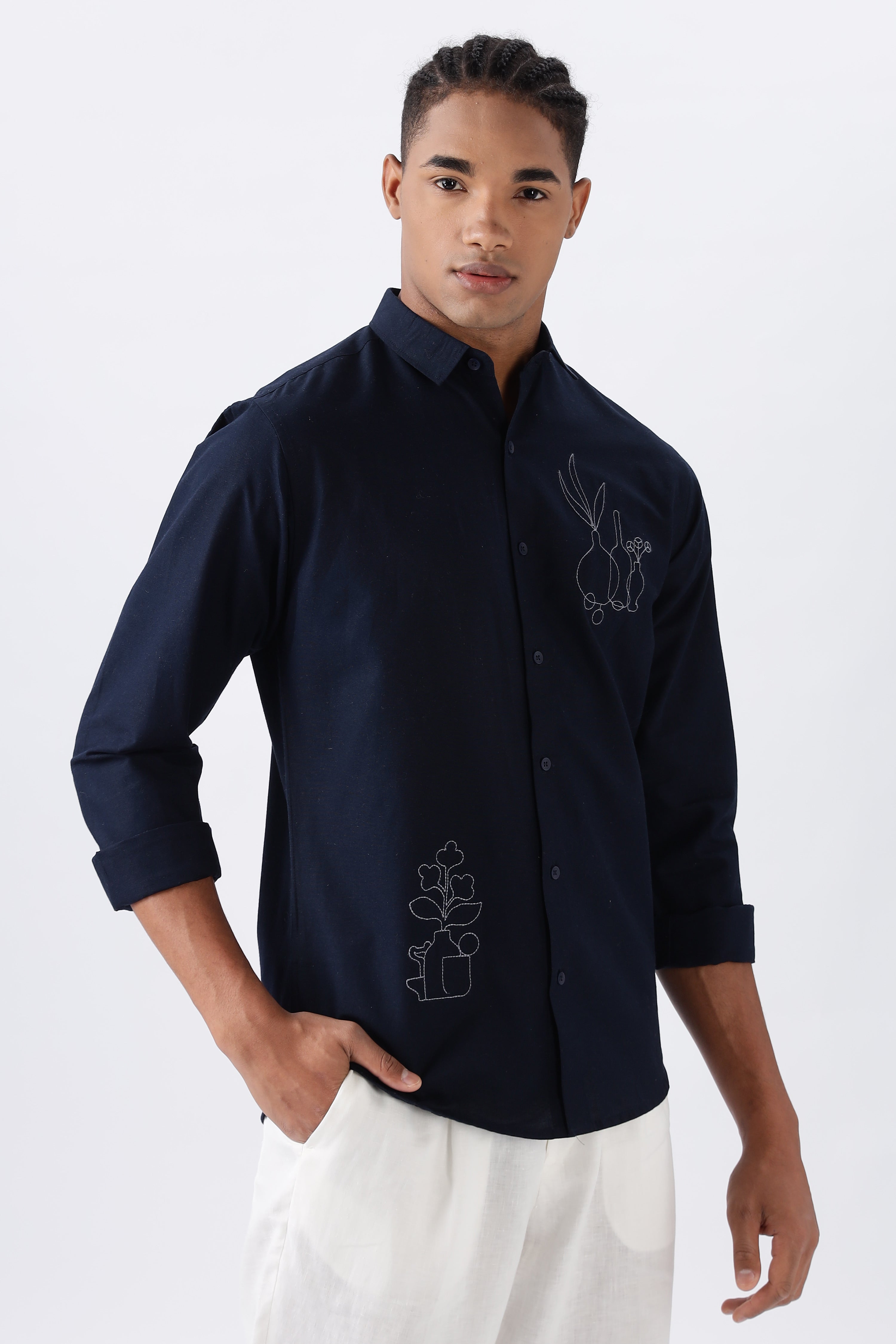 Blue Tuscany Barn Pottery Embroidery Shirt