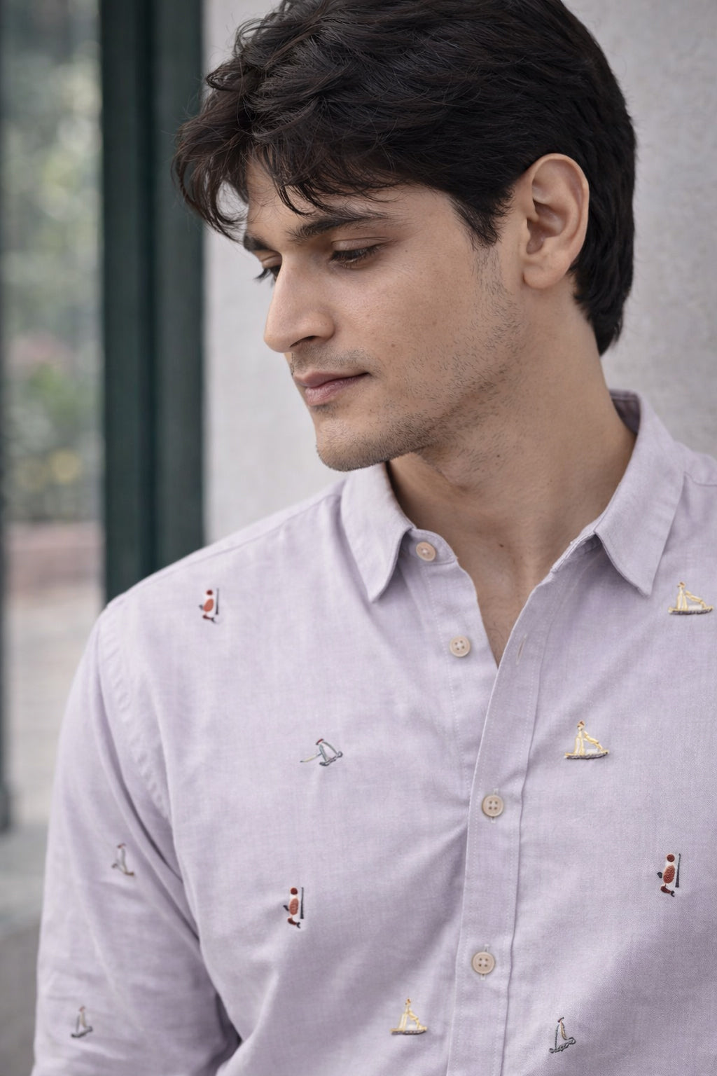 Grey Surfscape Motif Embroidered Cotton Shirt