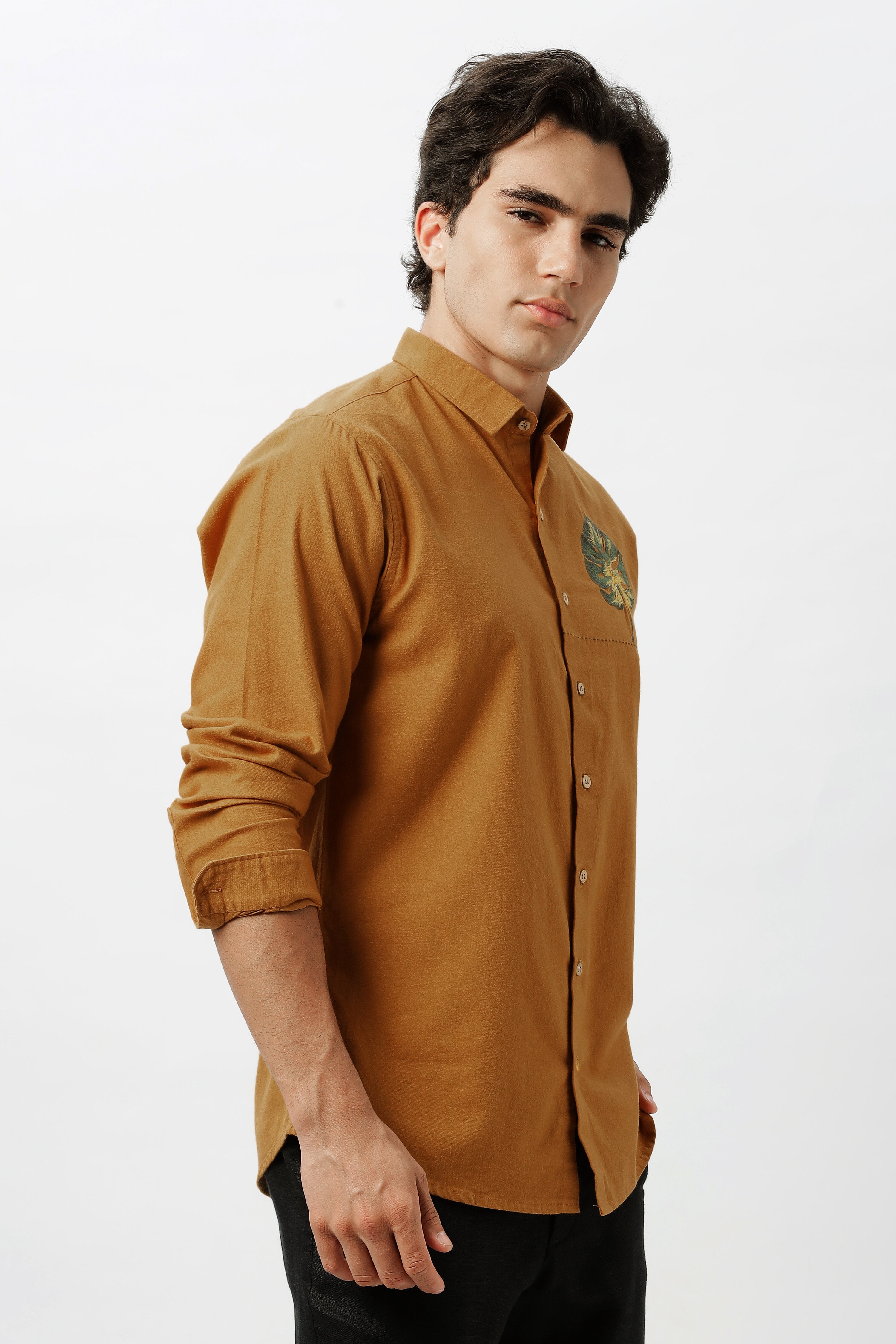 Mustard Yellow Shirt with Monstera Embroidery