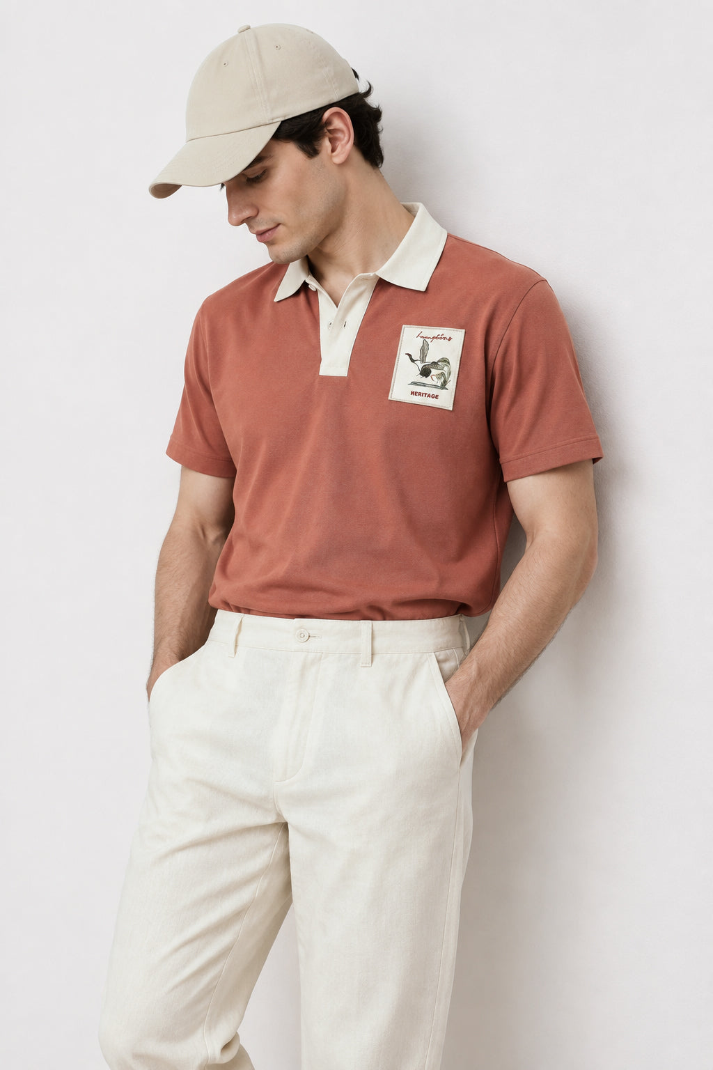 Heritage Heron Cotton Contrast Collar Orange Embroidered Polo
