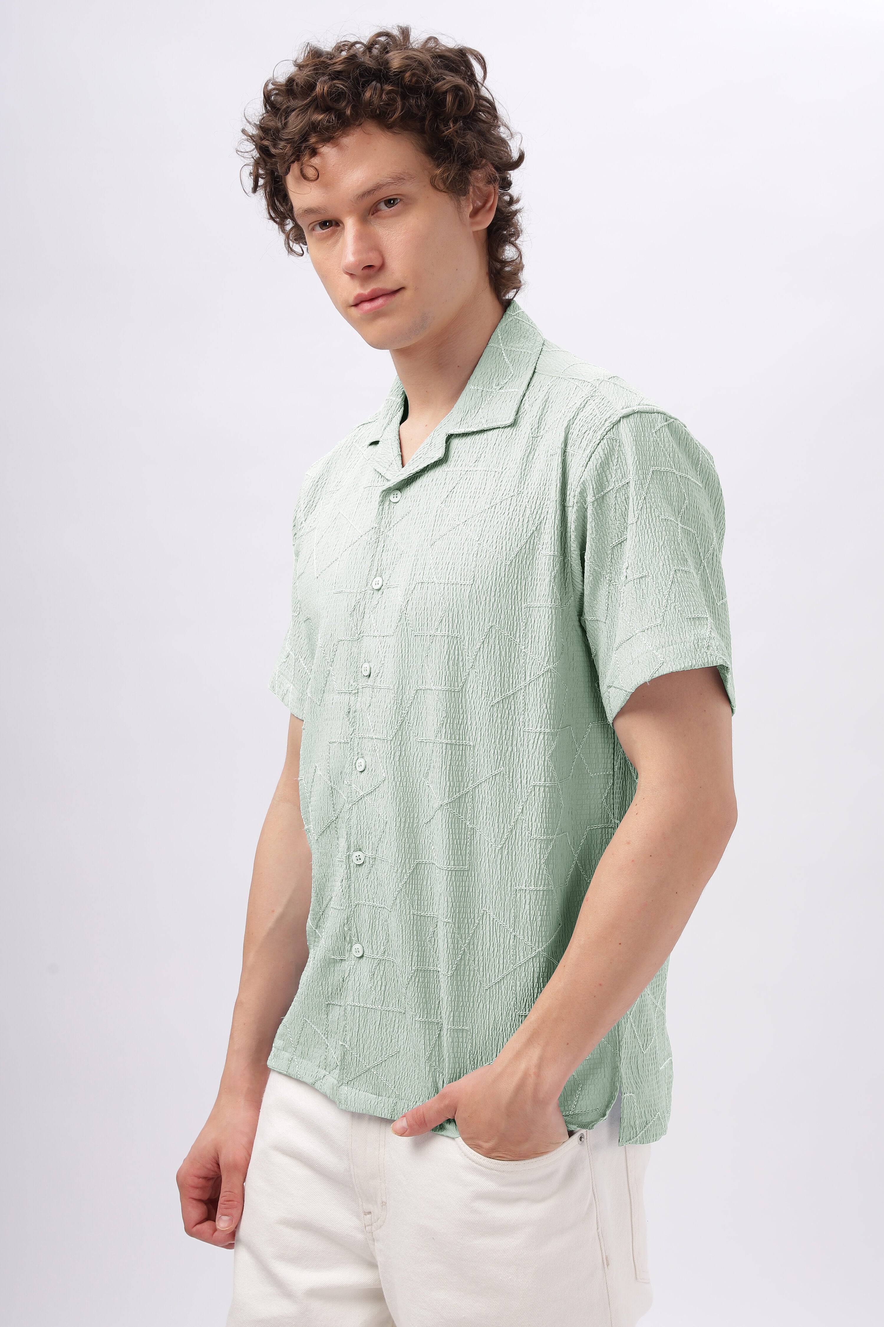 Cuban Collar Embroidery Half Sleeve Shirt