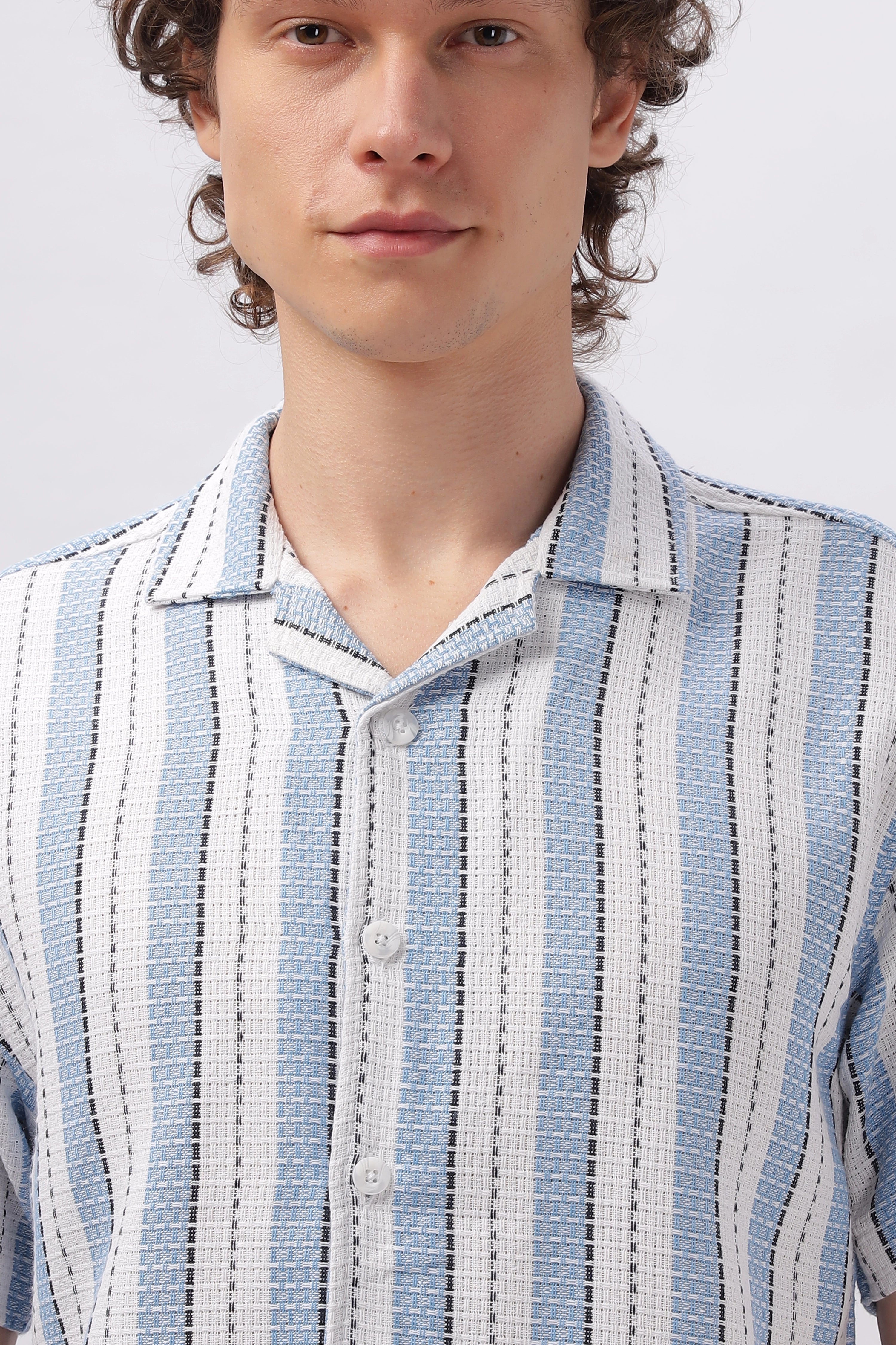 Rice Knit Texture Camp Collar Stripes Shirt