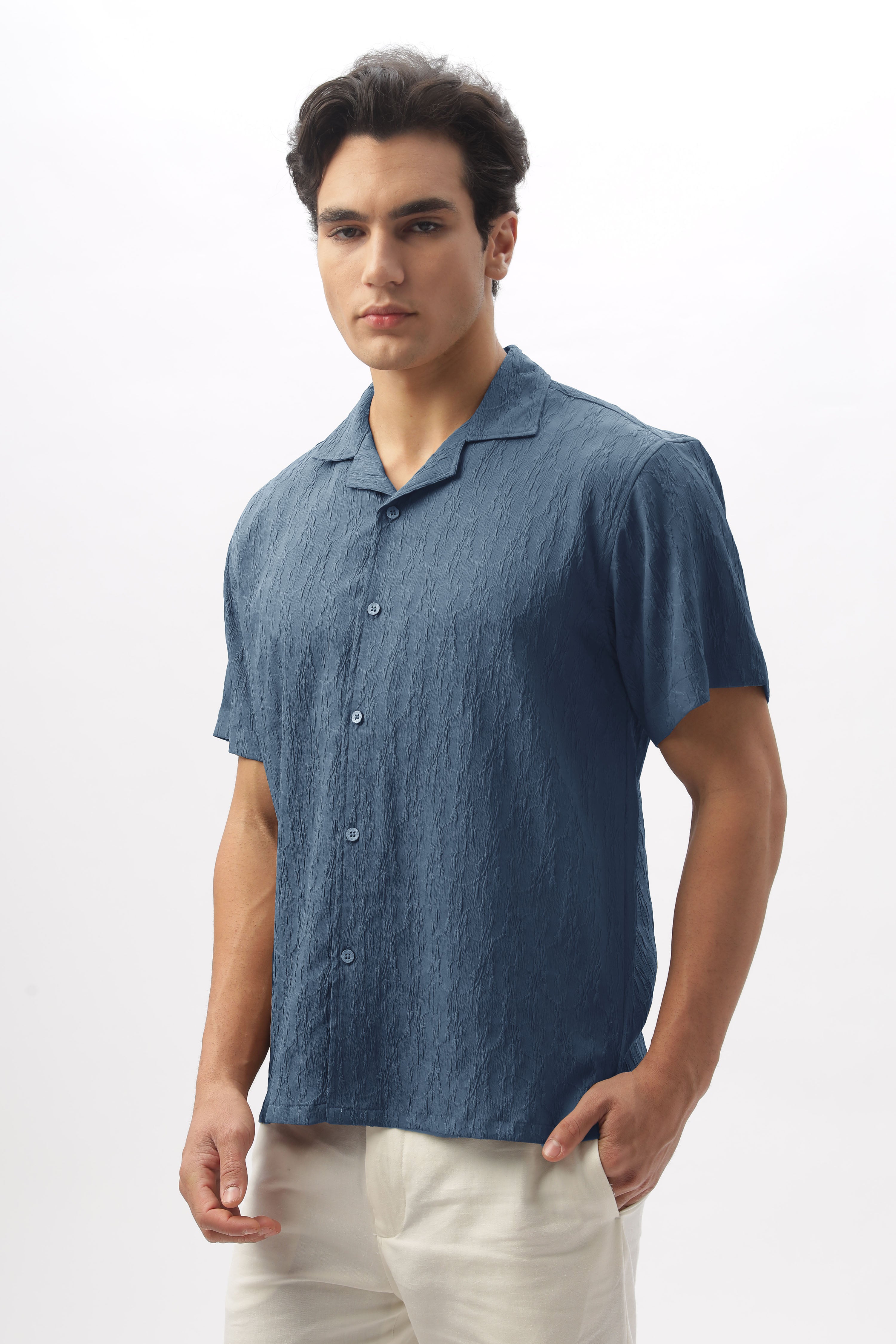 Denver Blue Textured Camp Collar Shirt