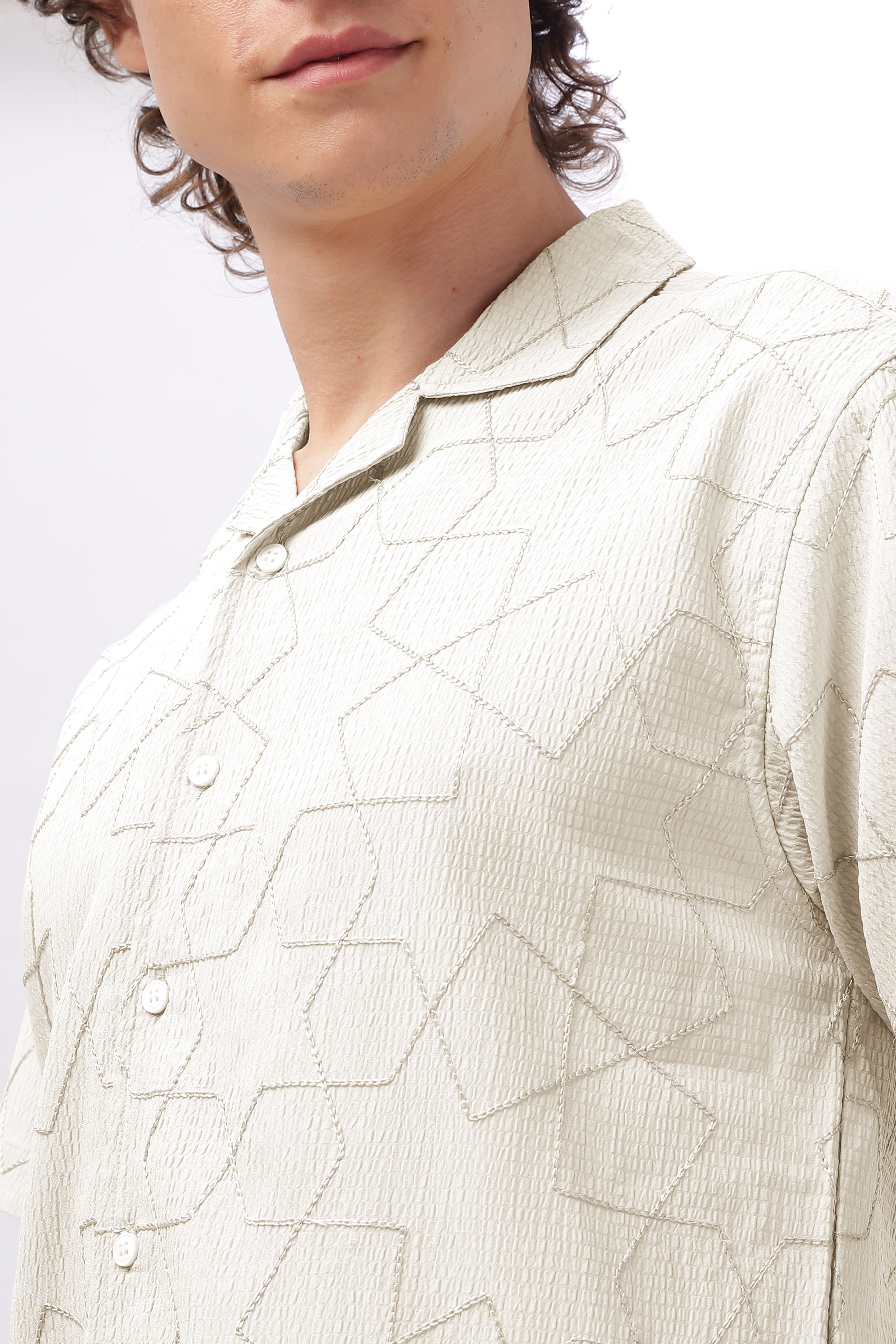 Cuban Collar Embroidery Half Sleeve Shirt