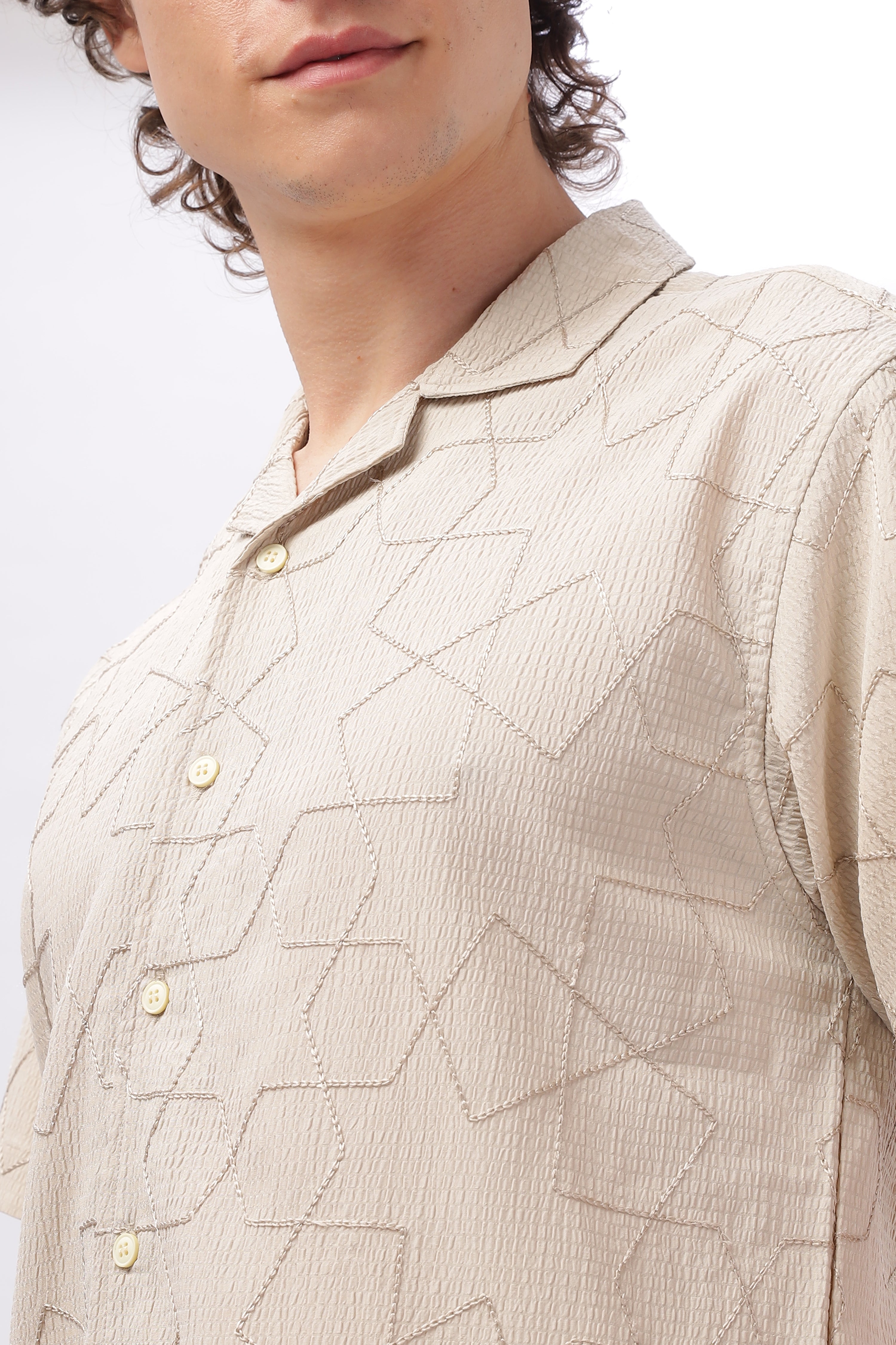 Cuban Collar Embroidery Half Sleeve Shirt