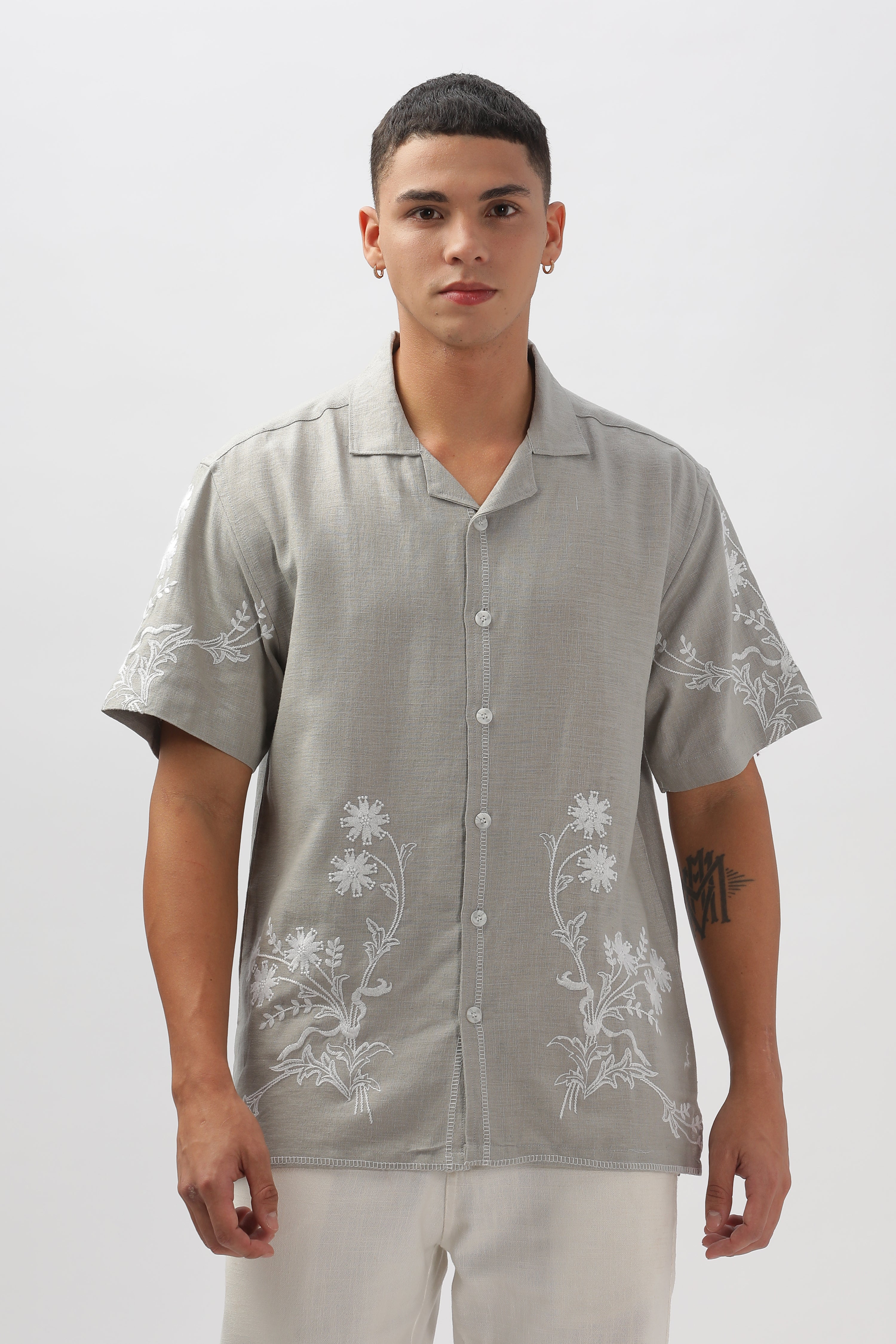 Valencia Grey All Over Embroidery Box Fit Shirt