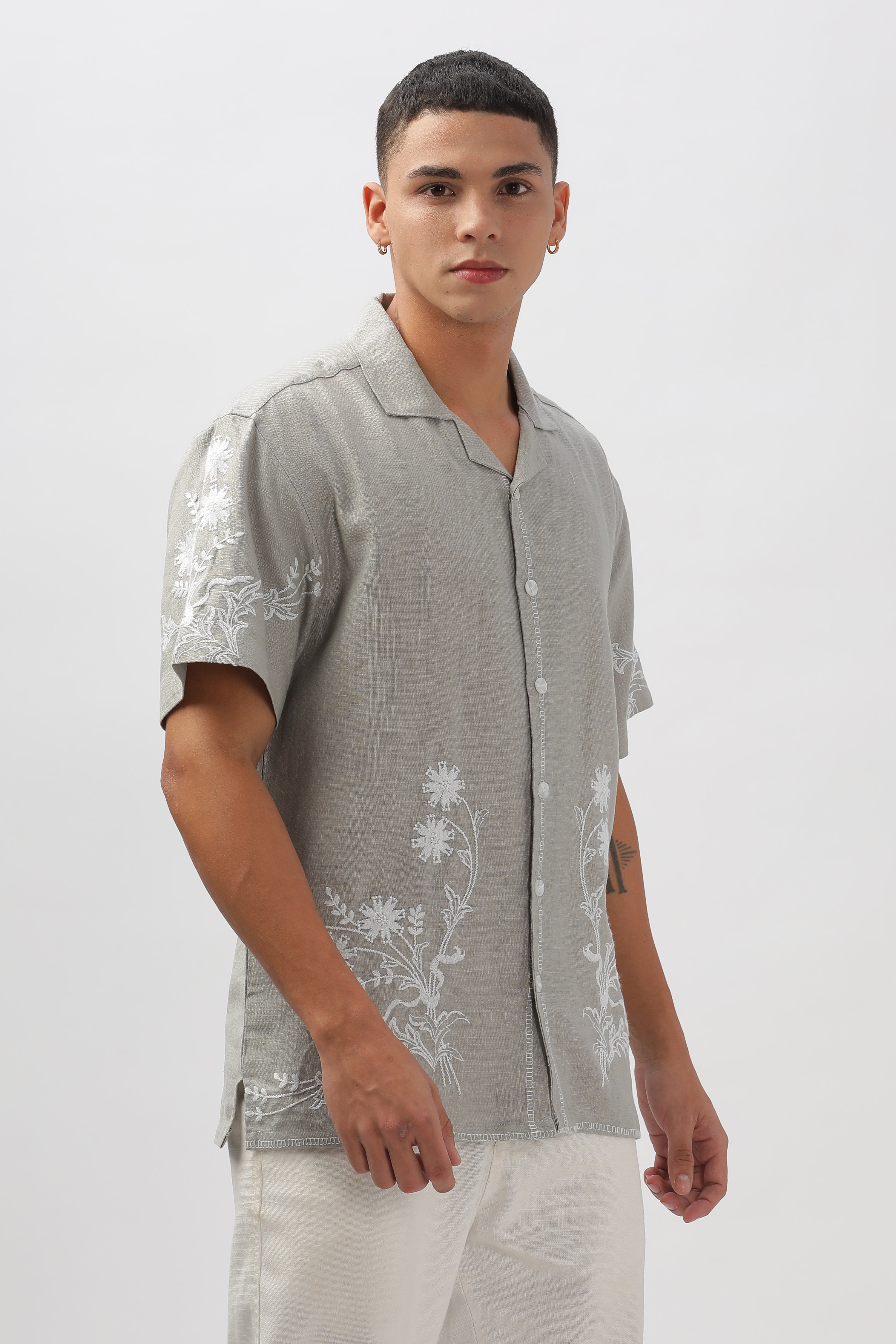 Valencia Grey All Over Embroidery Box Fit Shirt