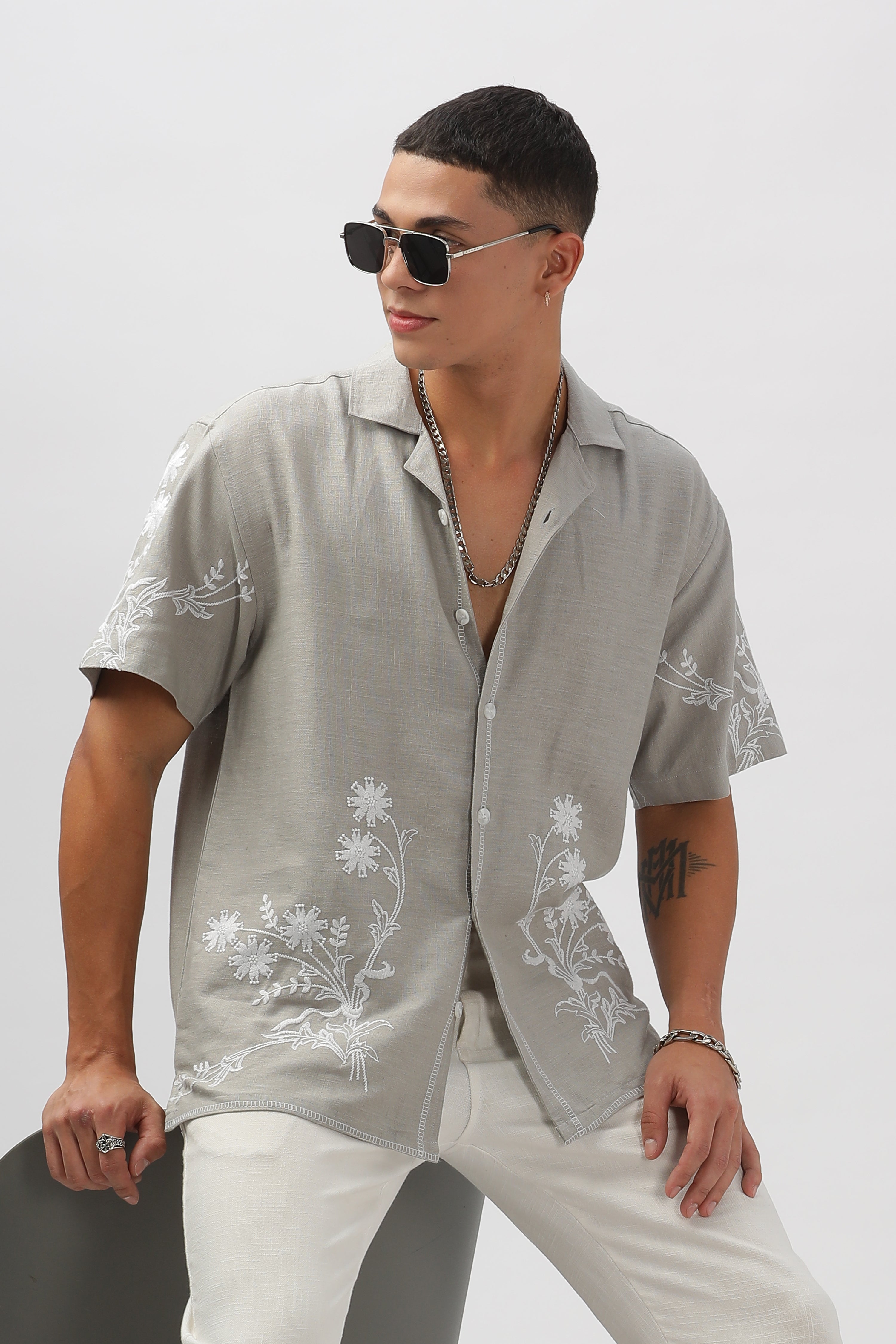 Valencia Grey All Over Embroidery Box Fit Shirt