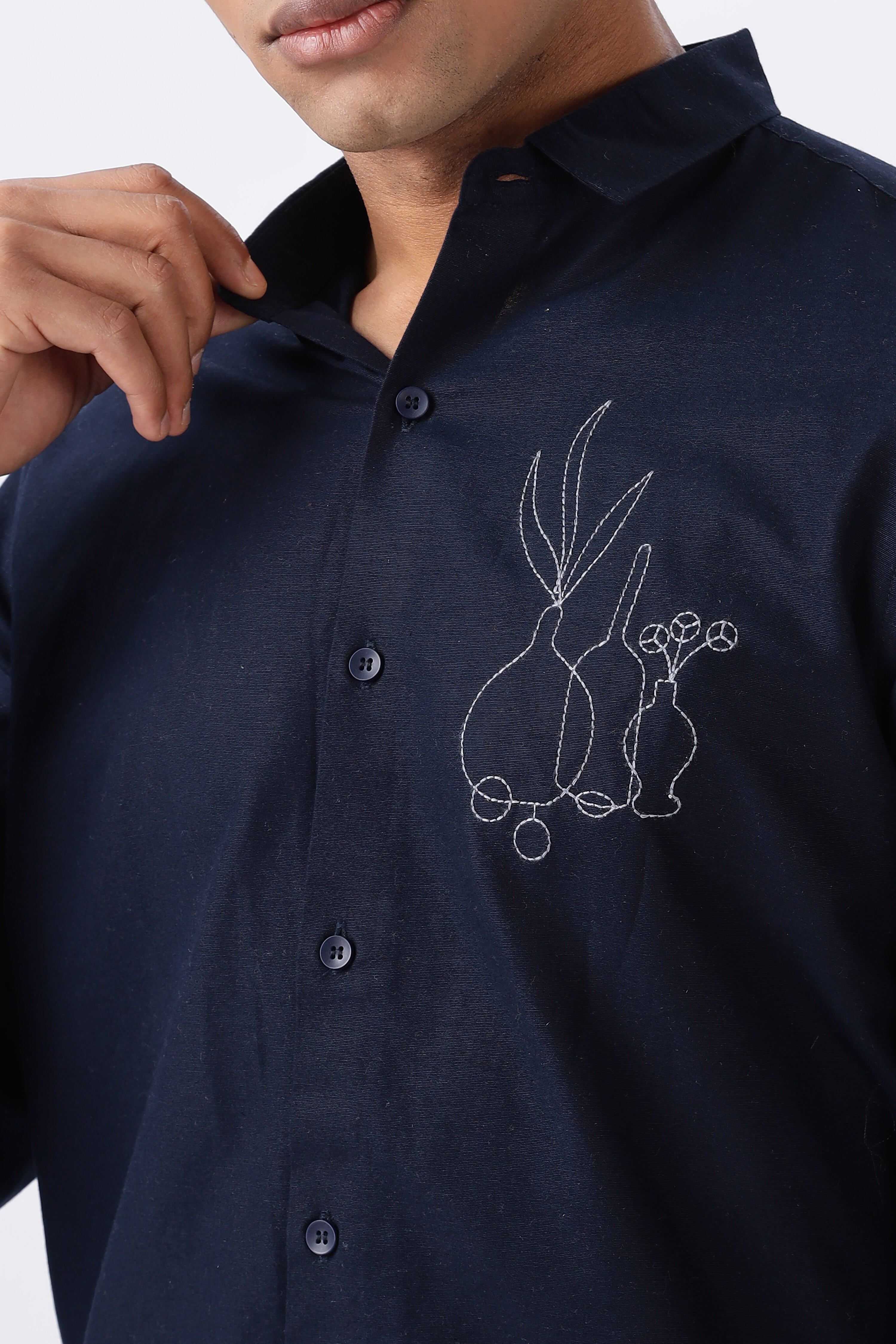 Blue Tuscany Barn Pottery Embroidery Shirt