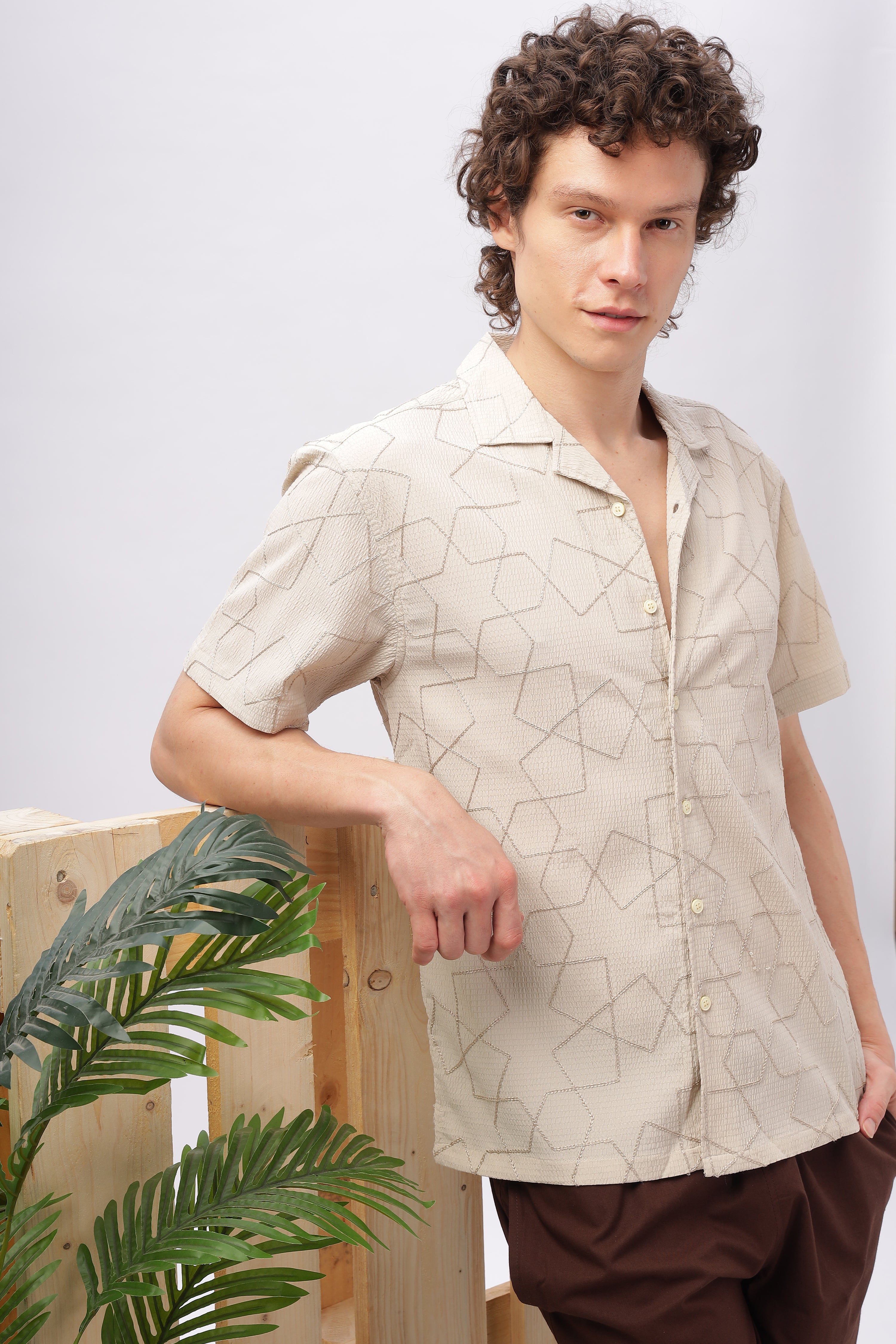 Cuban Collar Embroidery Half Sleeve Shirt