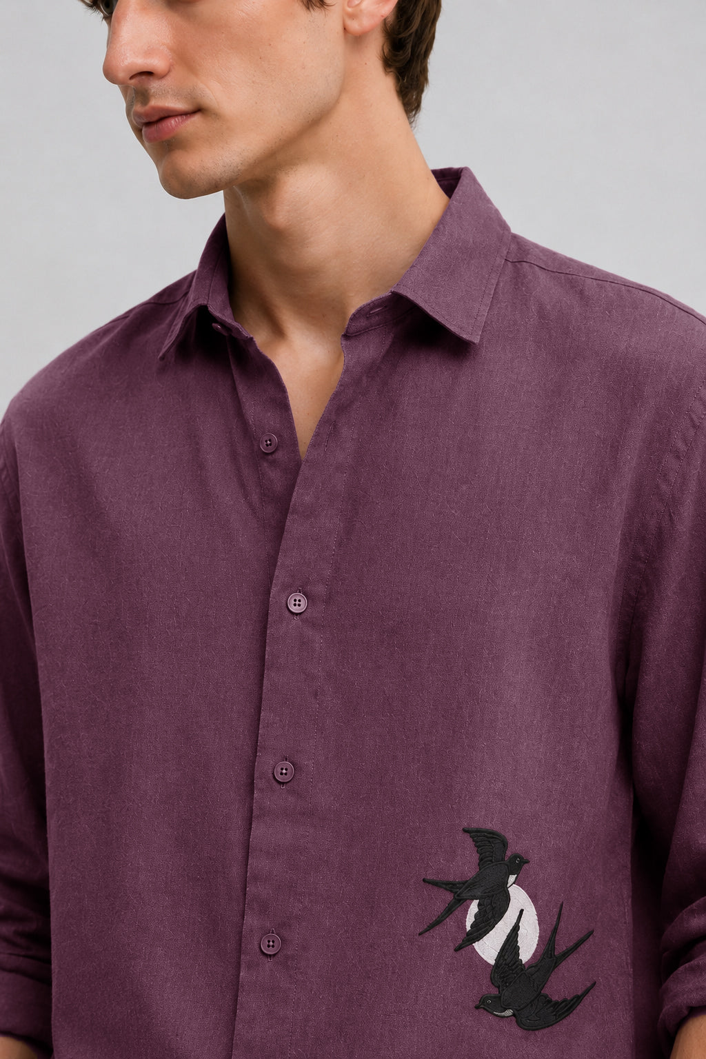 The Swallow Cotton Regular Fit Plum Embroidered Shirt