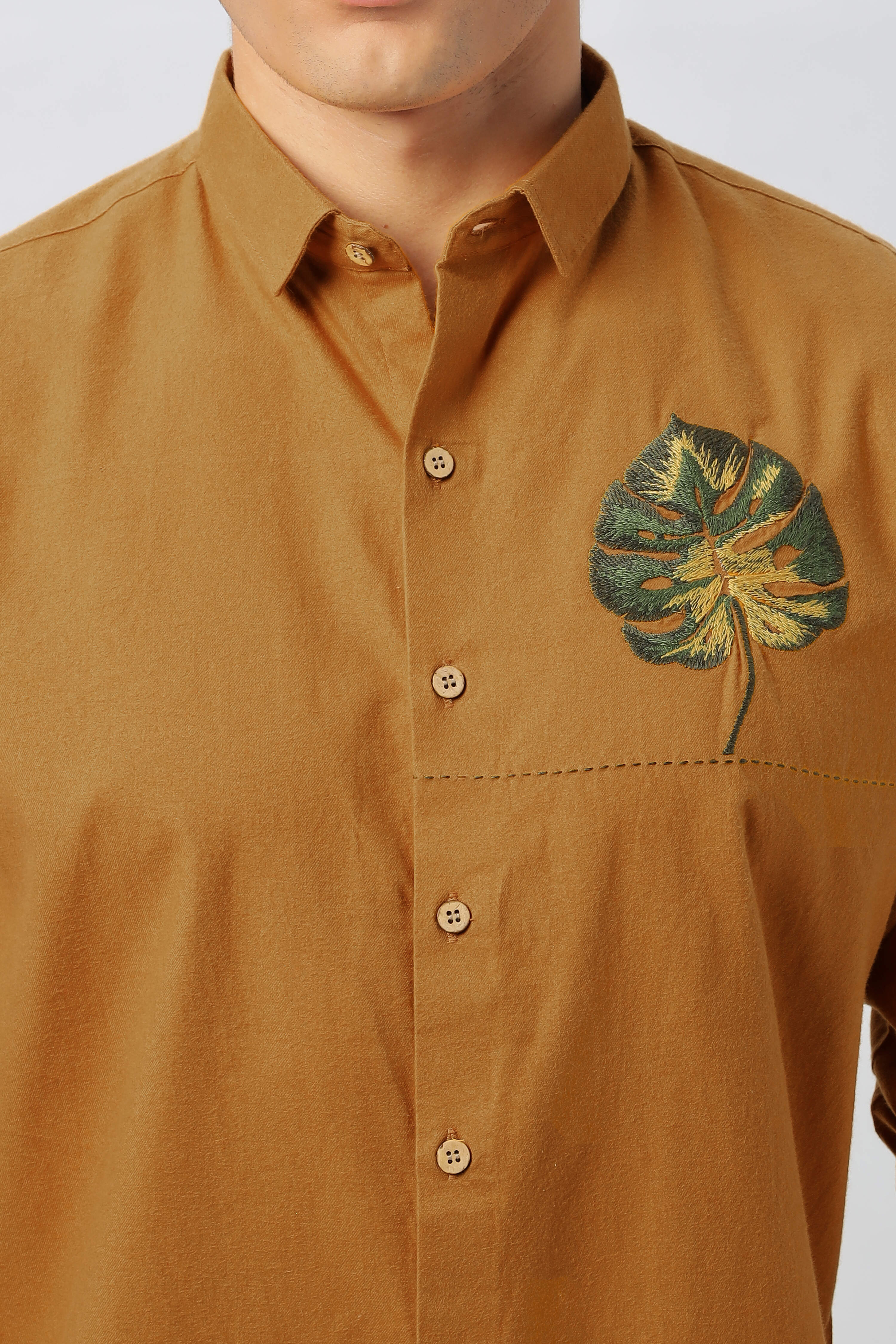 Mustard Yellow Shirt with Monstera Embroidery