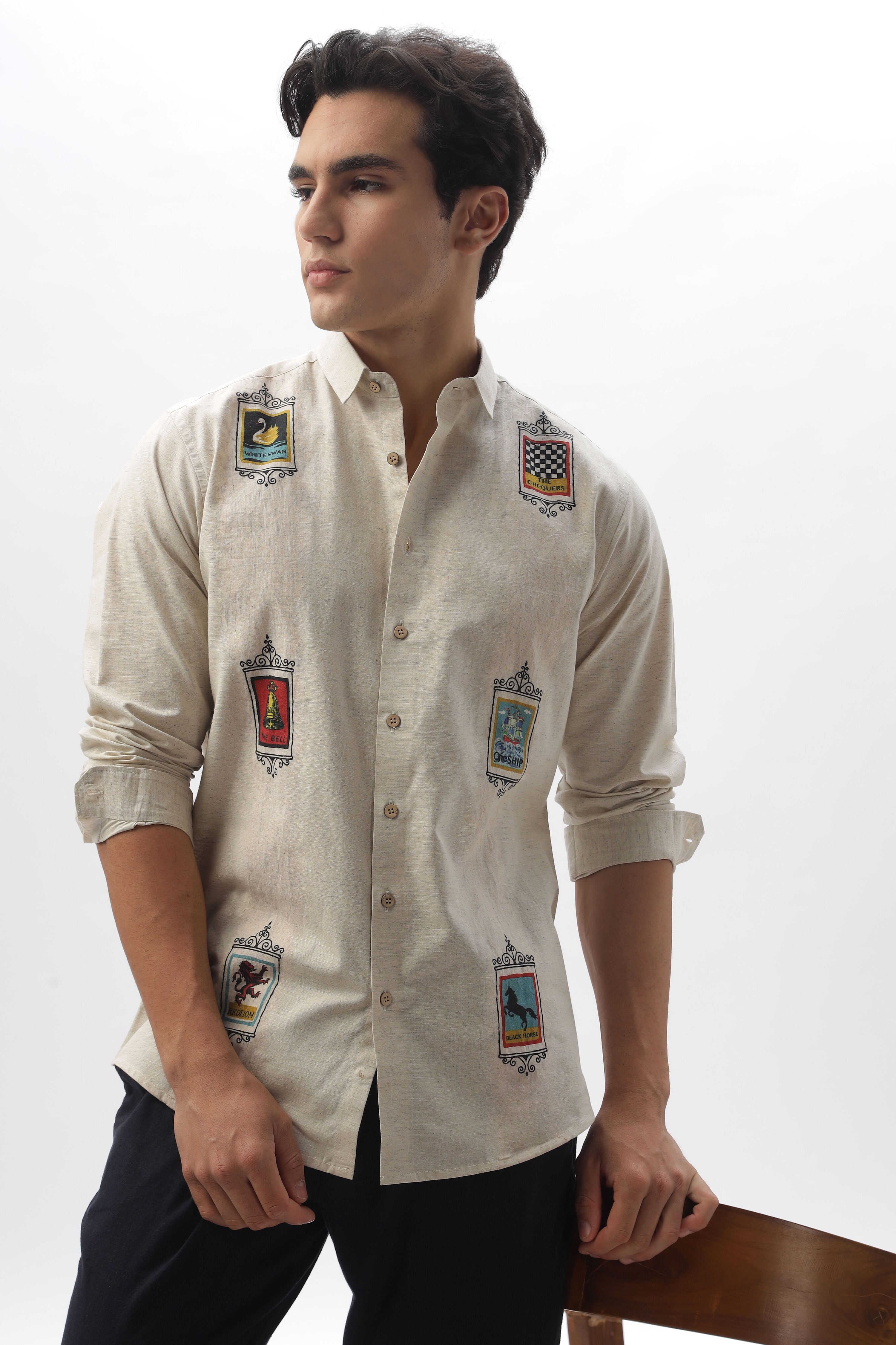 Mystic Forces Beige Placement Printed 100% Cotton Shirt