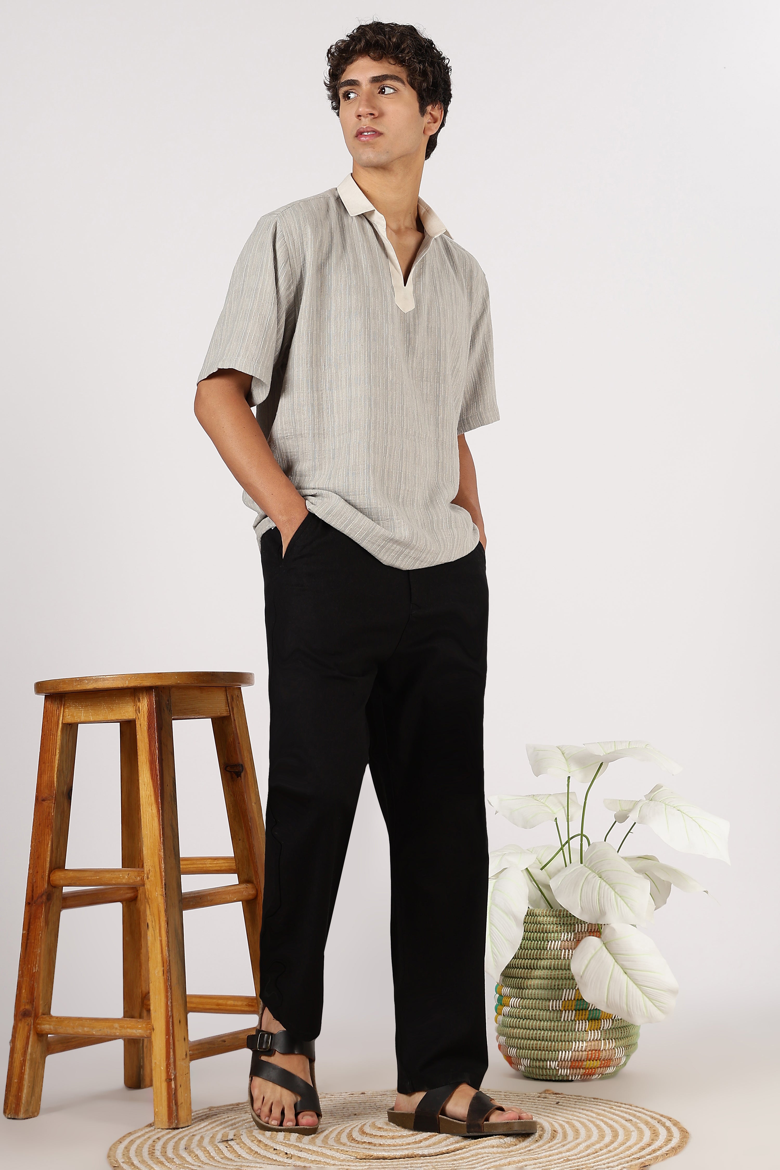 Linen-style 100% Cotton Relaxed Fit Black Pant