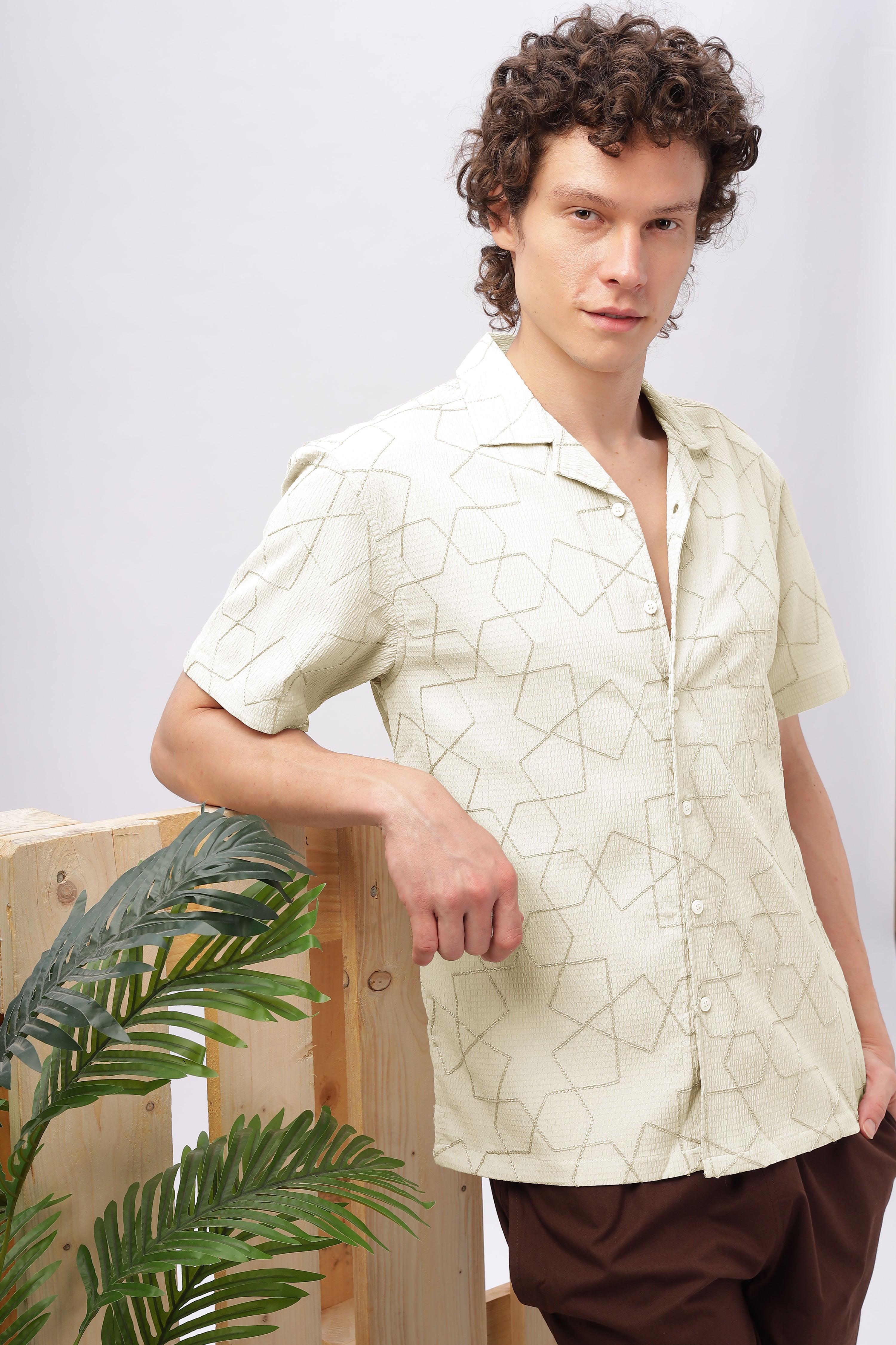 Cuban Collar Embroidery Half Sleeve Shirt