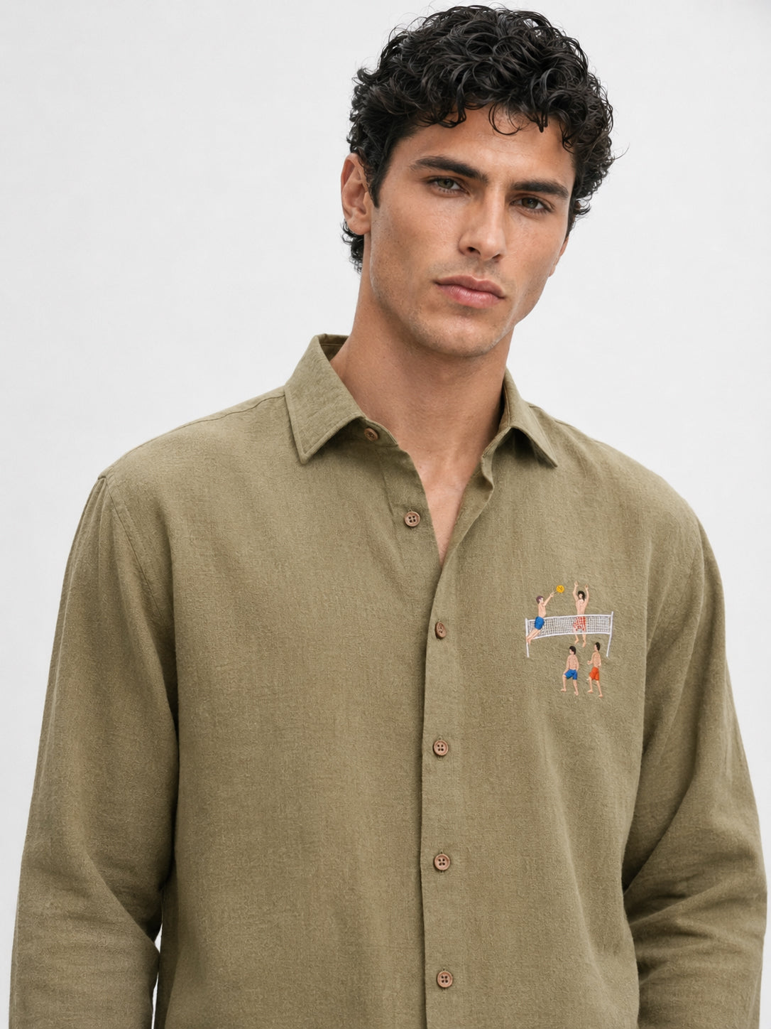 The Volleyball Cotton Regular Fit Olive Green Embroidered Shirt