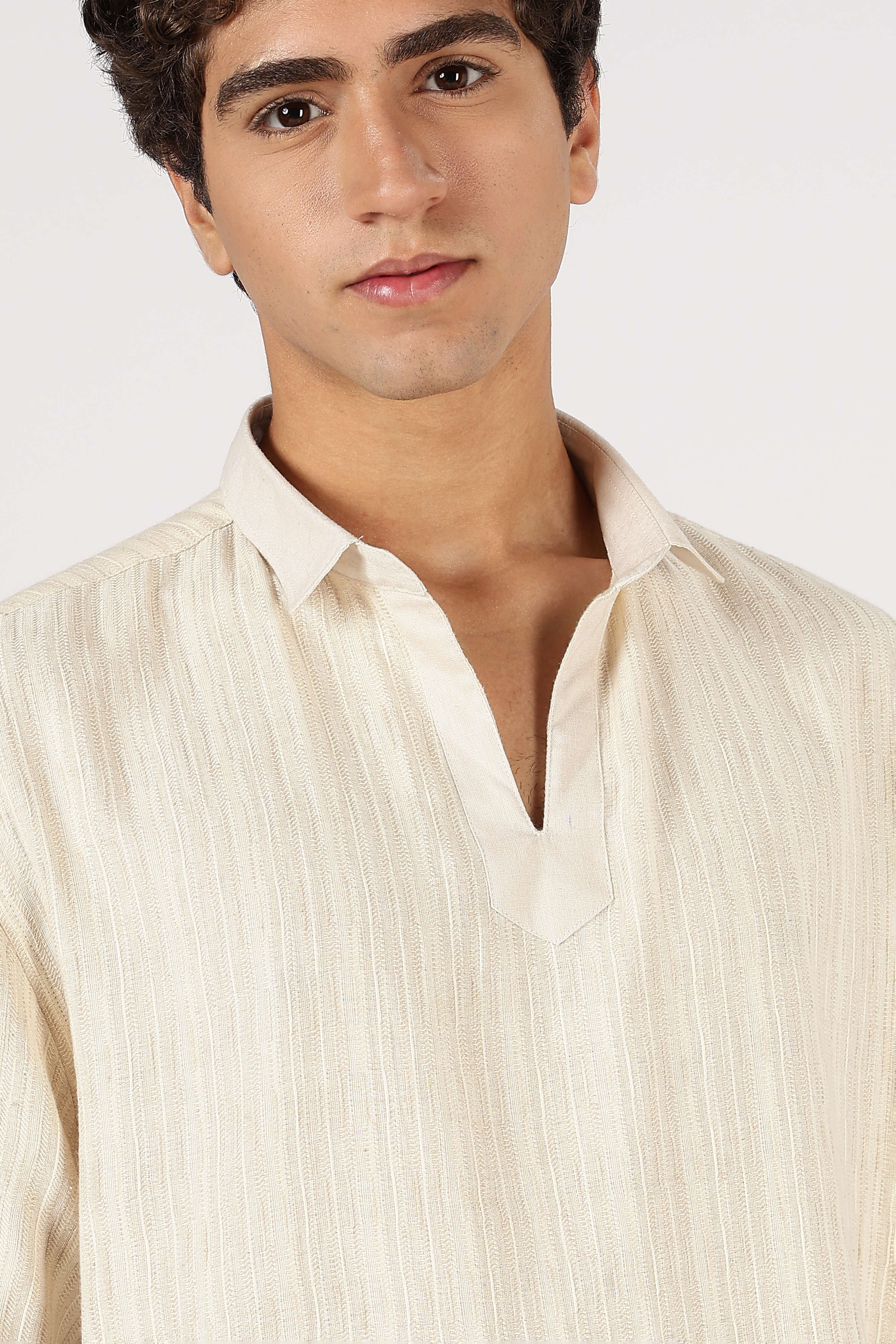 Textured Johnny Collar Cotton Regular Fit Beige Striped Henley Shirt