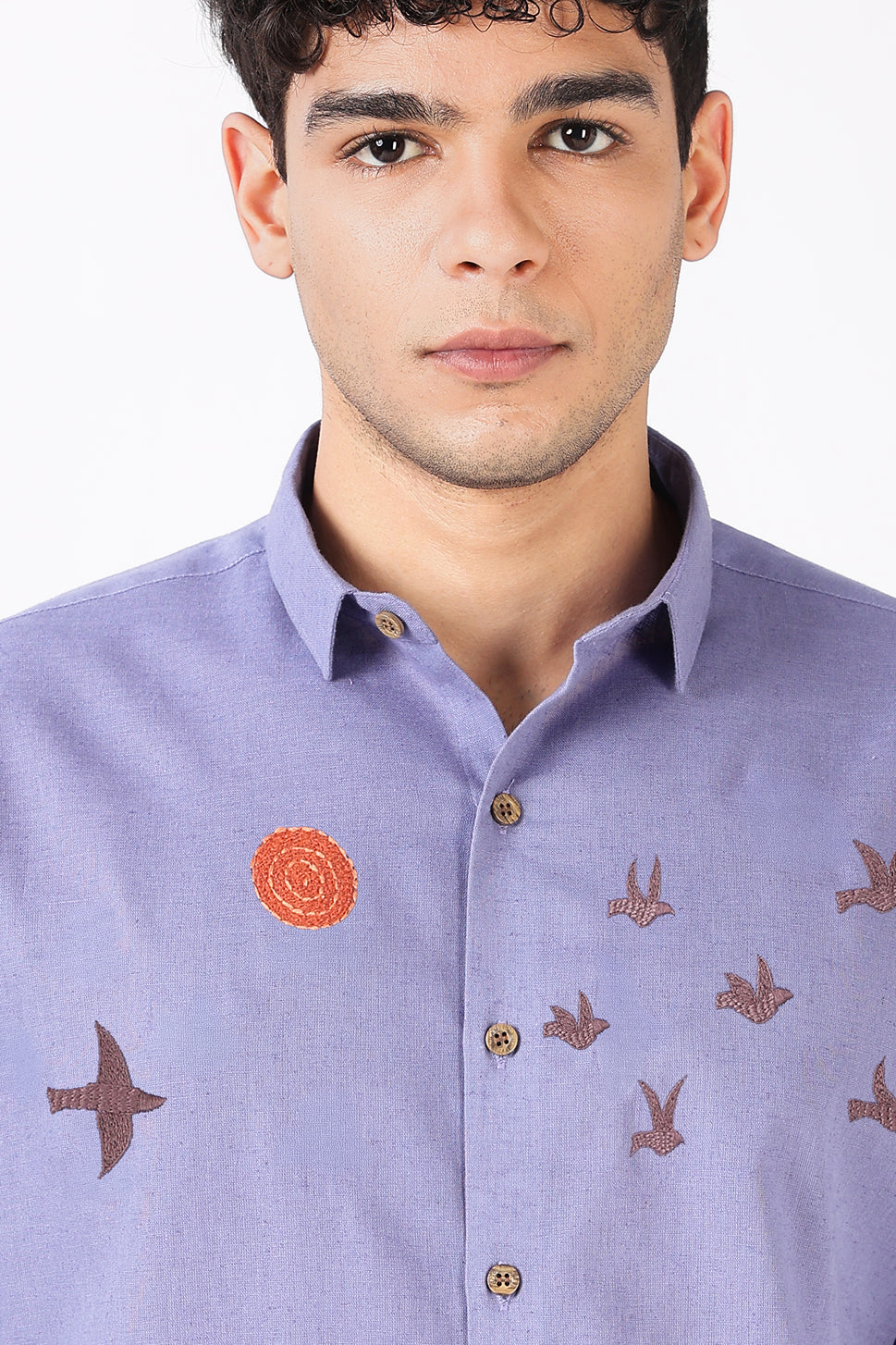 Sunflight Flock Cotton Regular Fit Lavender Embroidered Shirt
