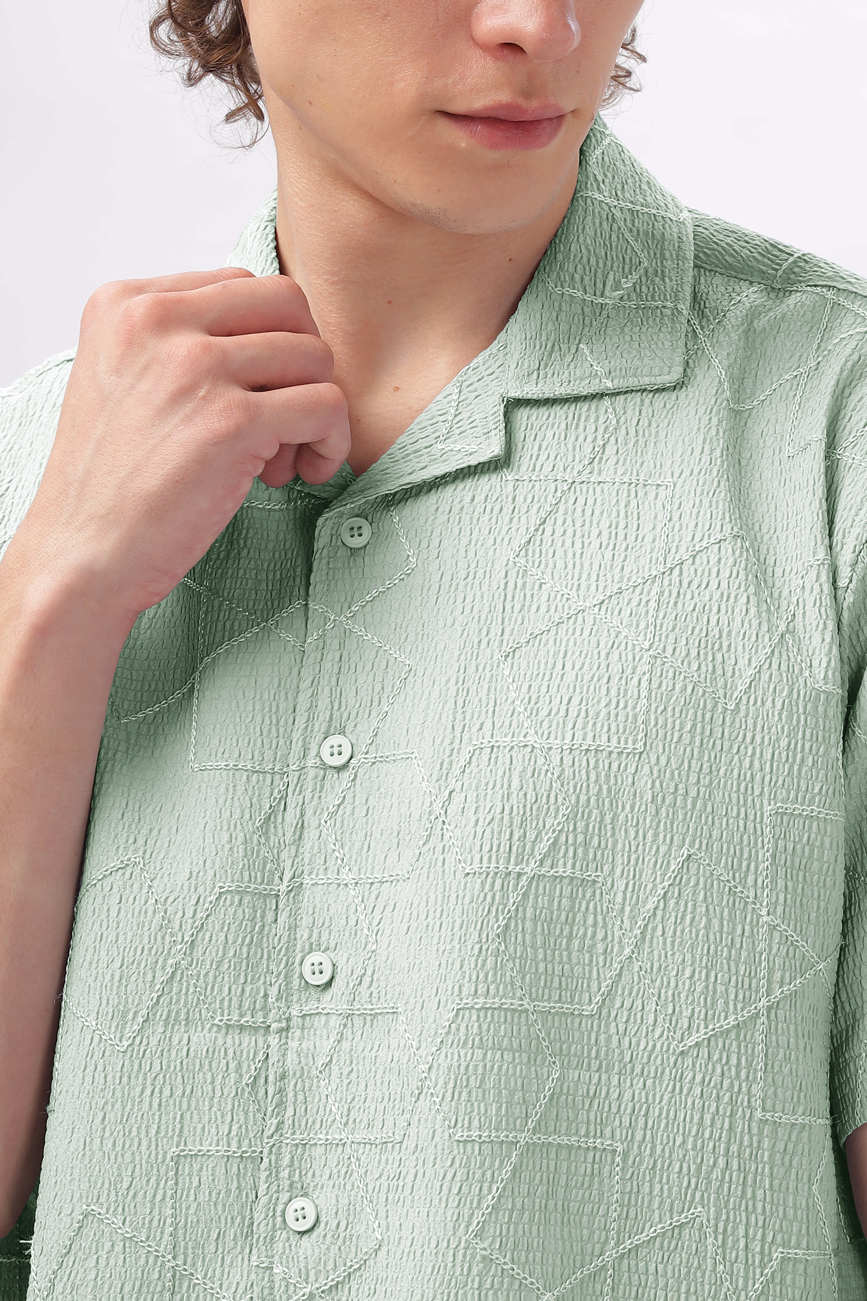 Cuban Collar Embroidery Half Sleeve Shirt