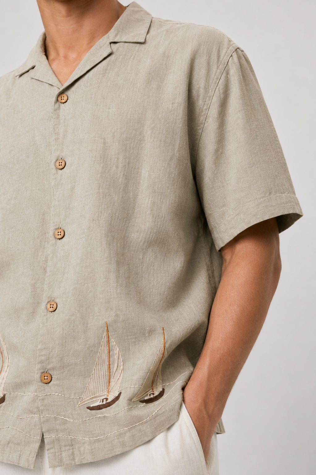 Sailboat Cotton Box Fit Grey Embroidered Shirt