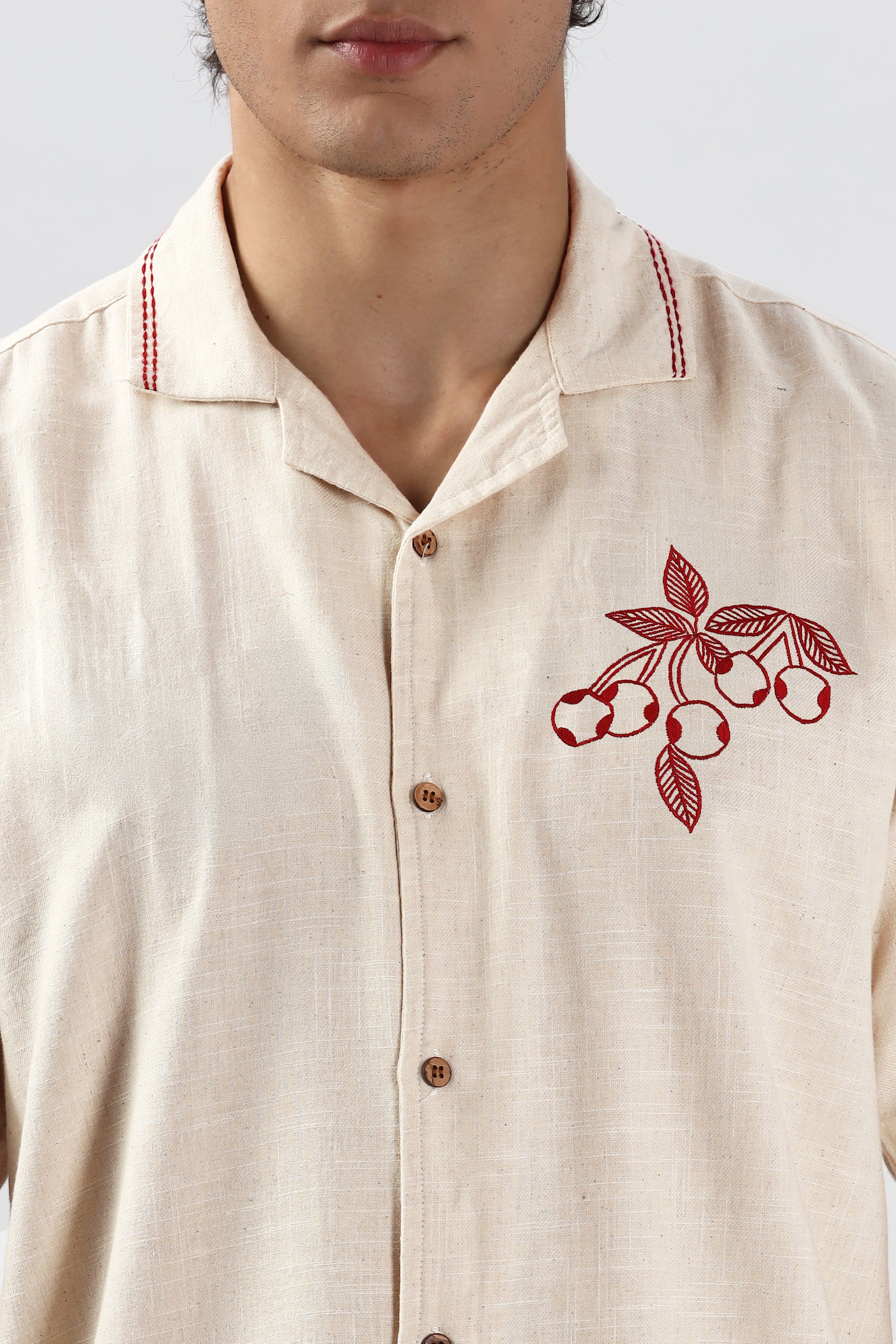 Cherry Cotton Box Fit Caribbean Beige Embroidery Shirt