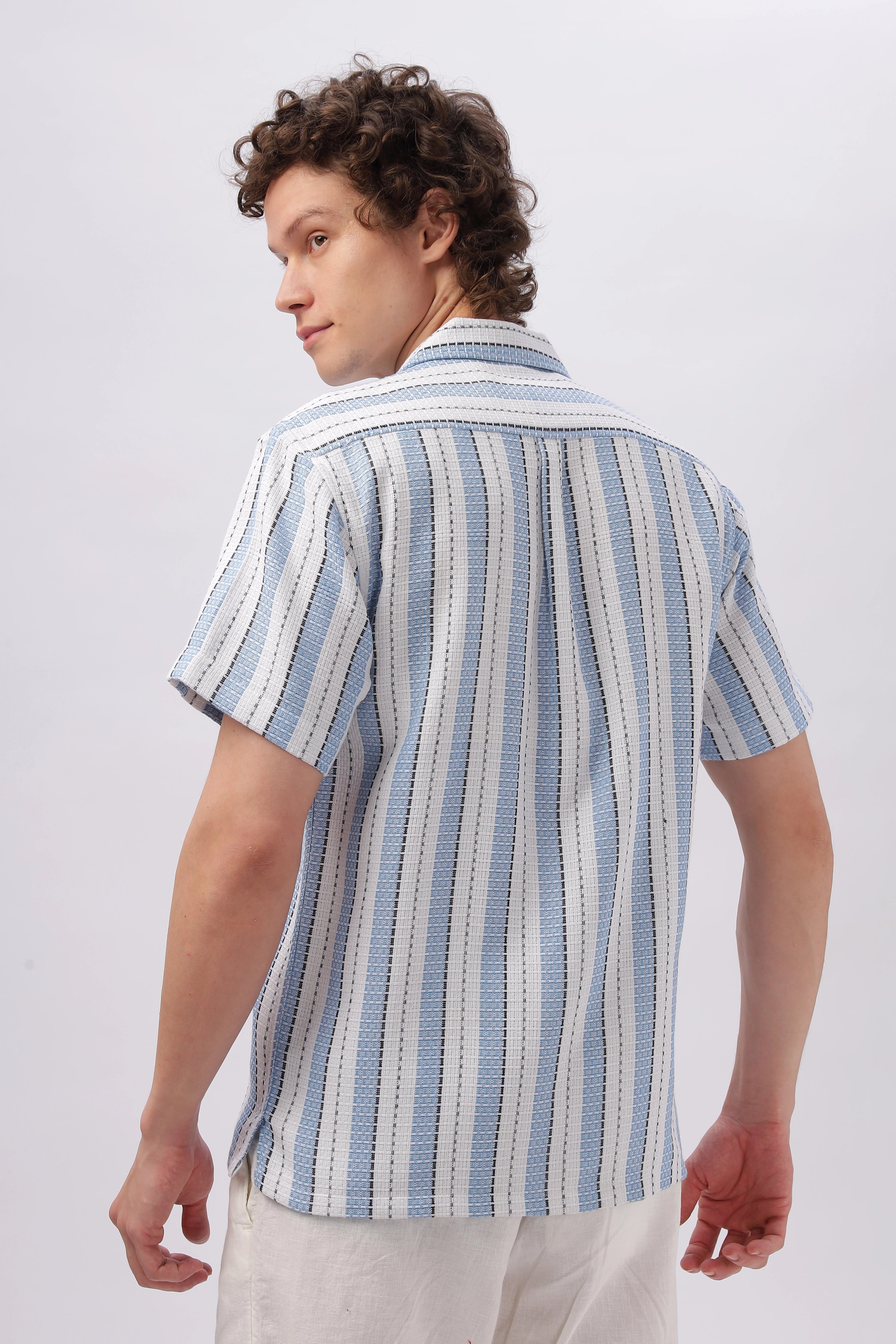 Rice Knit Texture Camp Collar Stripes Shirt