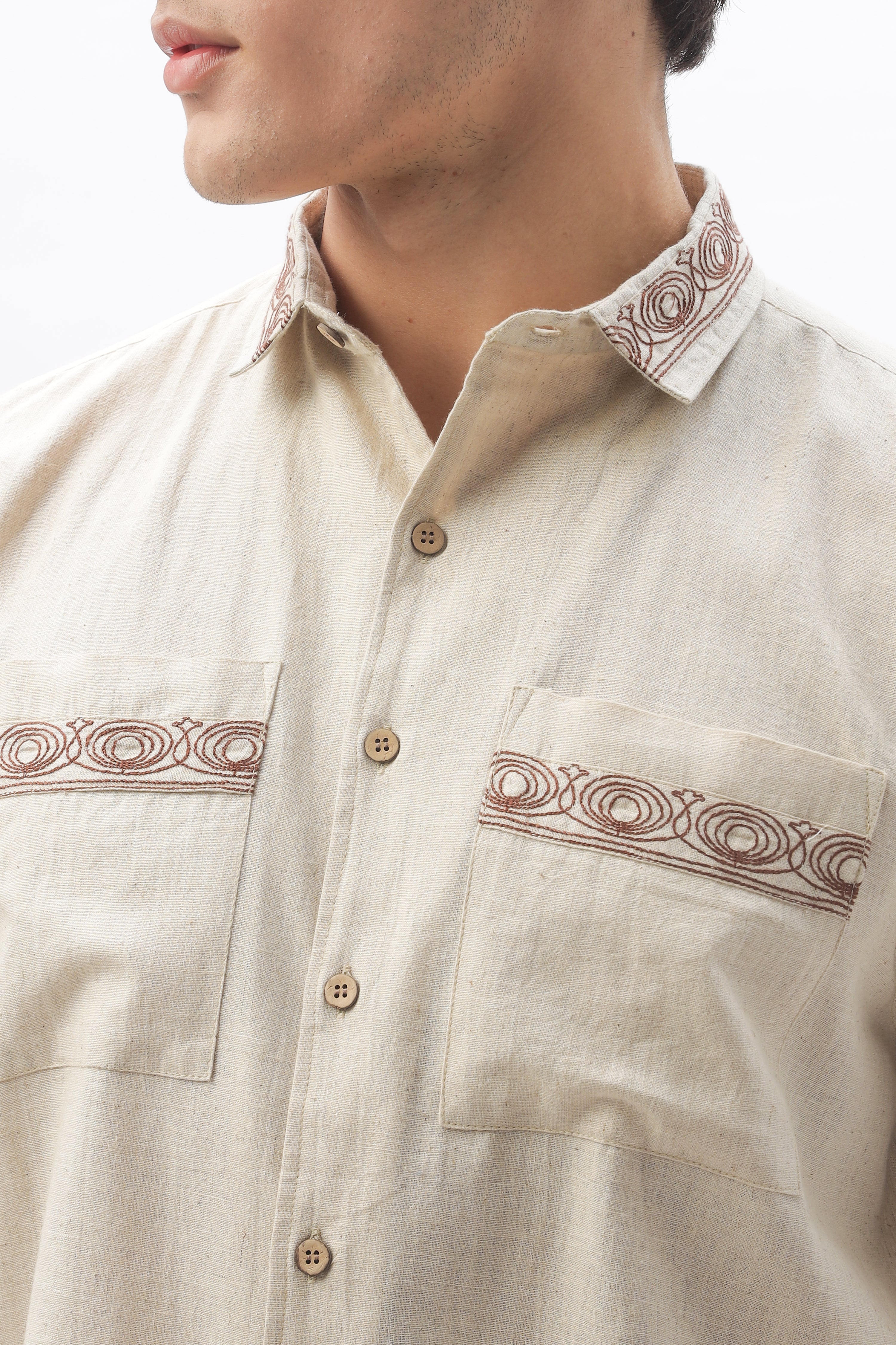 Bambaiya Beige Embroidery Double Pocket Box Fit Shirt